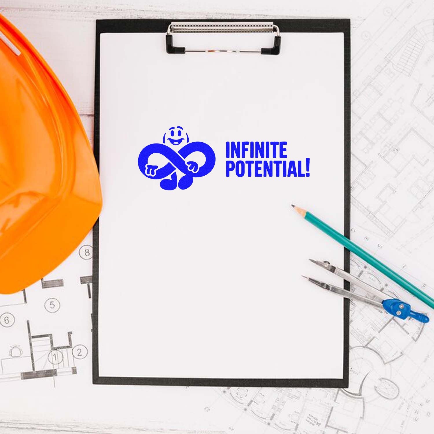 Custom rubber stamp imprint with Infinite Potential! logo on clipboard, ideal for construction, engineering, or school branding.