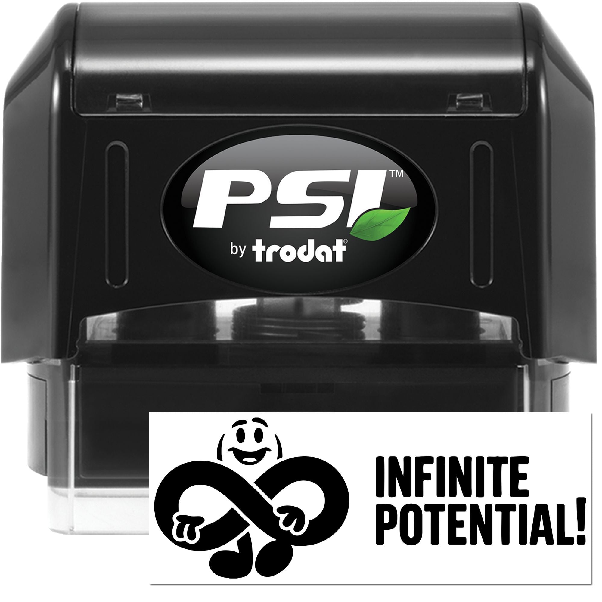 PSI by Trodat self-inking rubber stamp featuring an Infinite Potential infinity design for custom motivational imprinting.