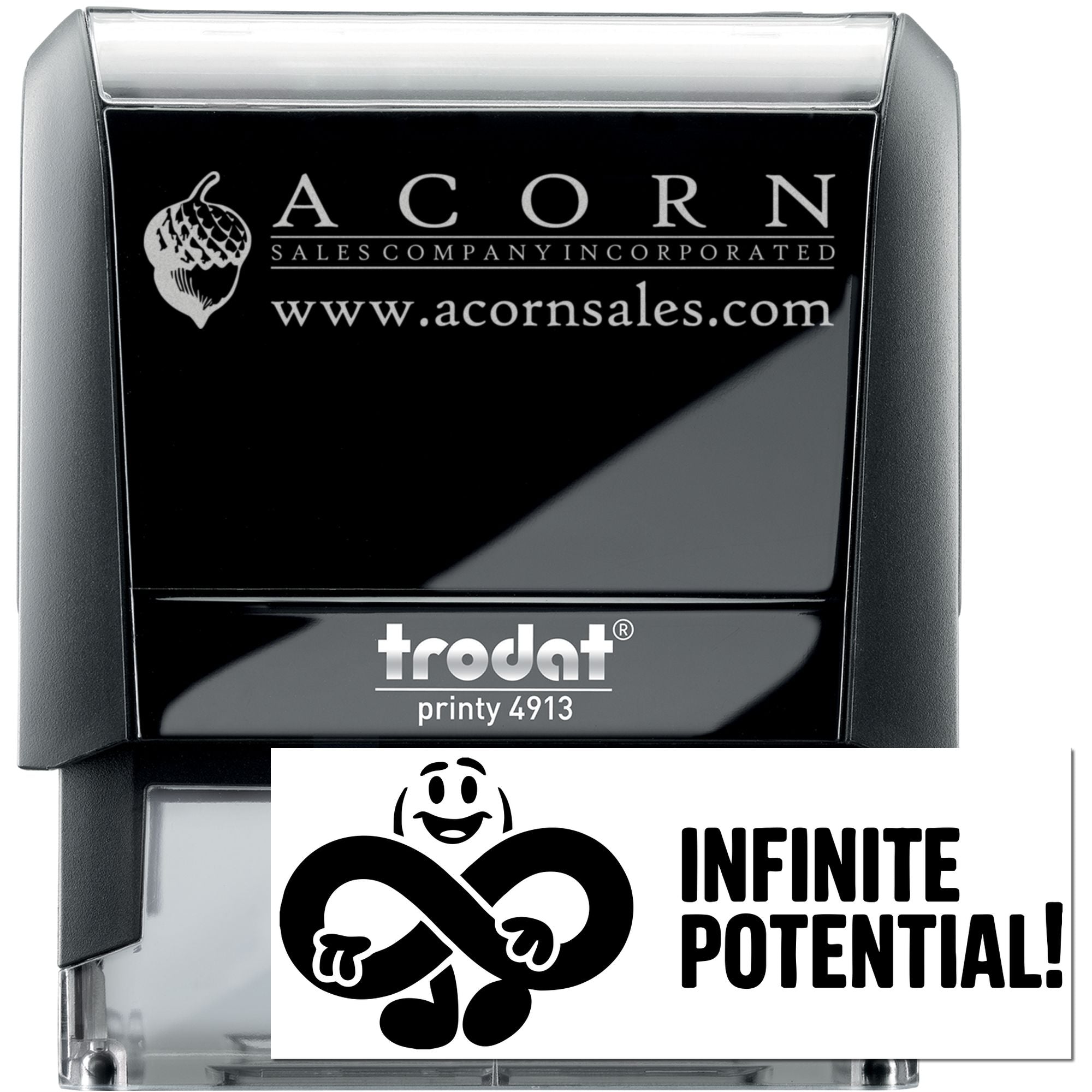 Trodat Printy 4913 self-inking rubber stamp with custom Acorn Sales logo and Infinite Potential! imprint sample.