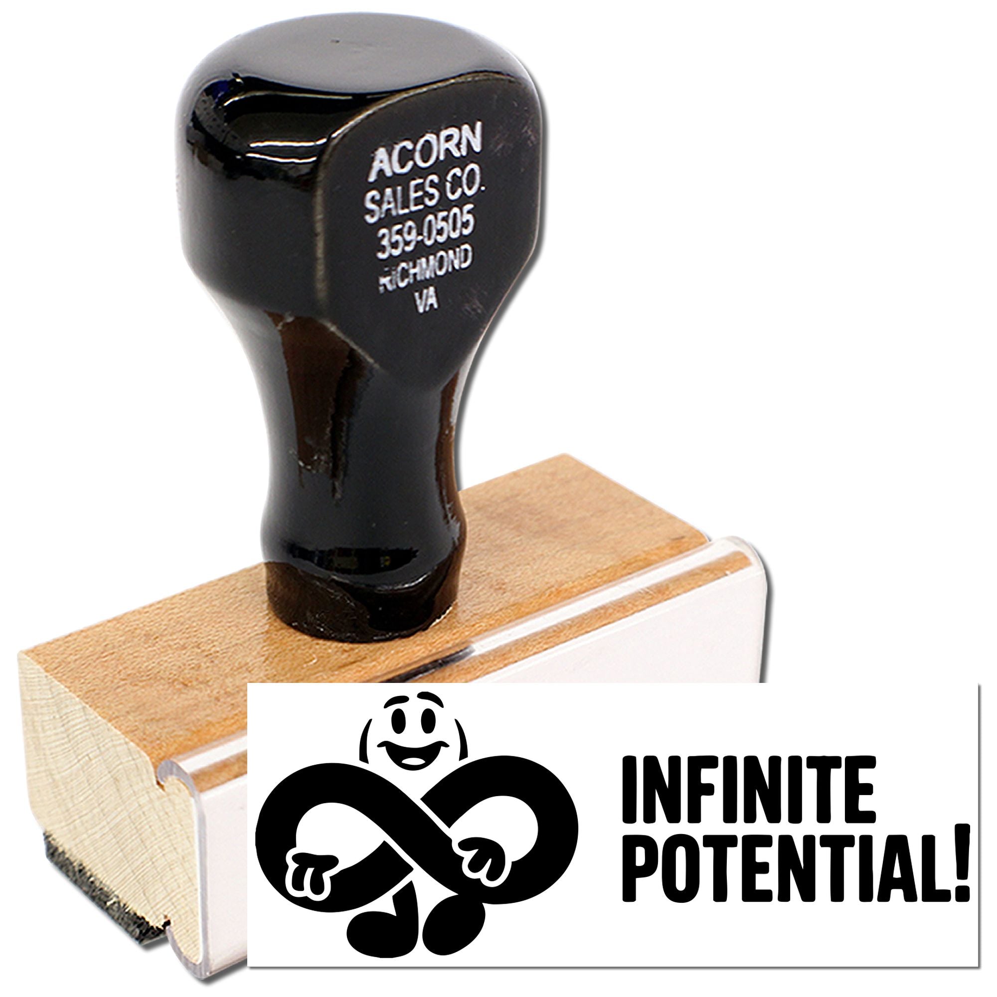 Custom rubber stamp with Infinite Potential infinity design and wooden handle for branding, packaging, and craft projects.