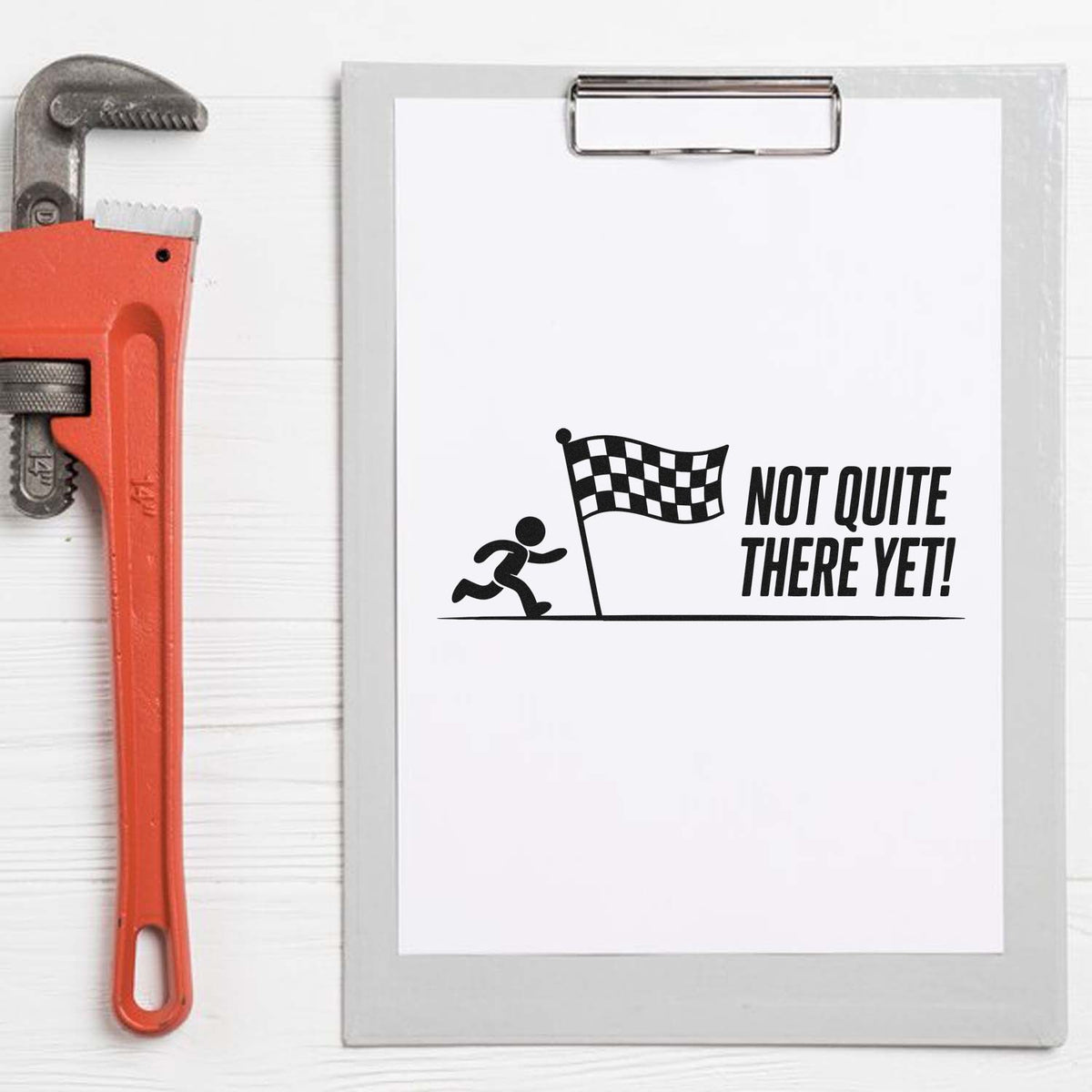 Not Quite There Yet rubber stamp with runner and finish flag for motivational craft projects and custom stamping.