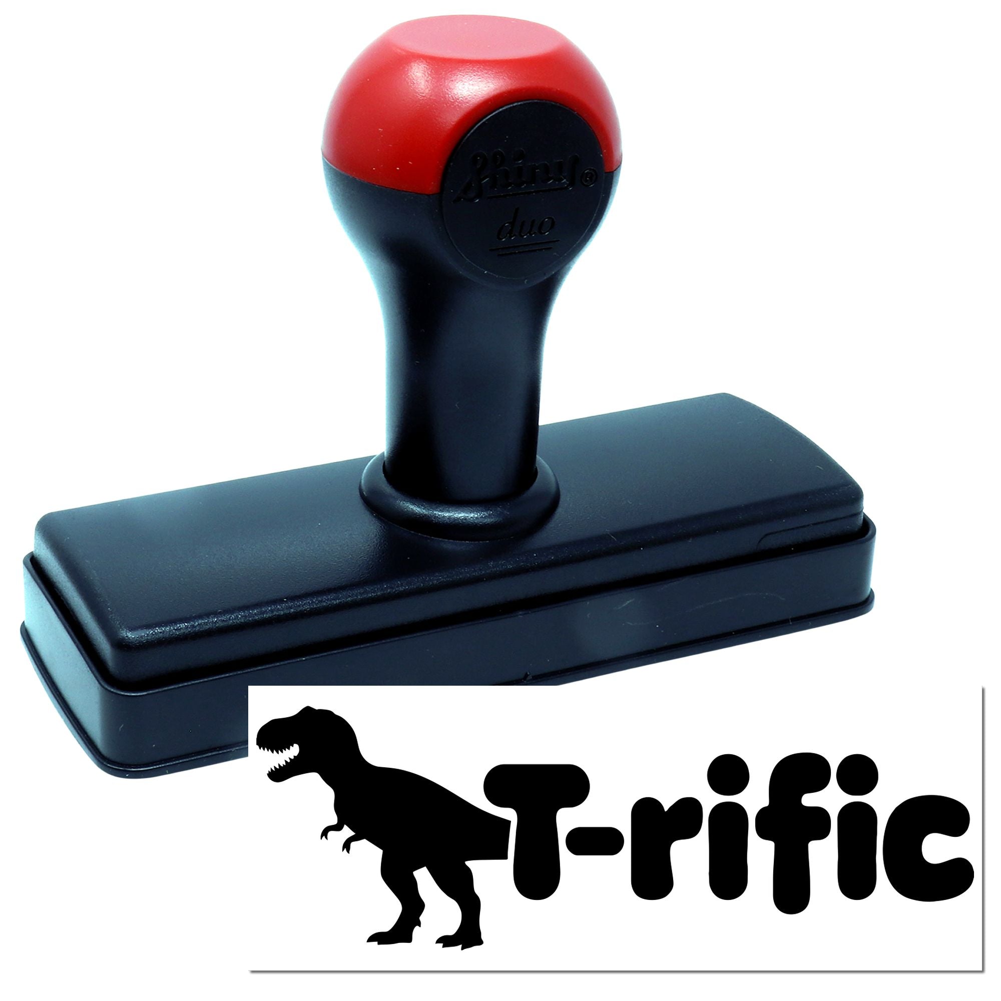 Custom self-inking rubber stamp with T-rex T-rific design for fun dinosaur-themed office or teacher stamping