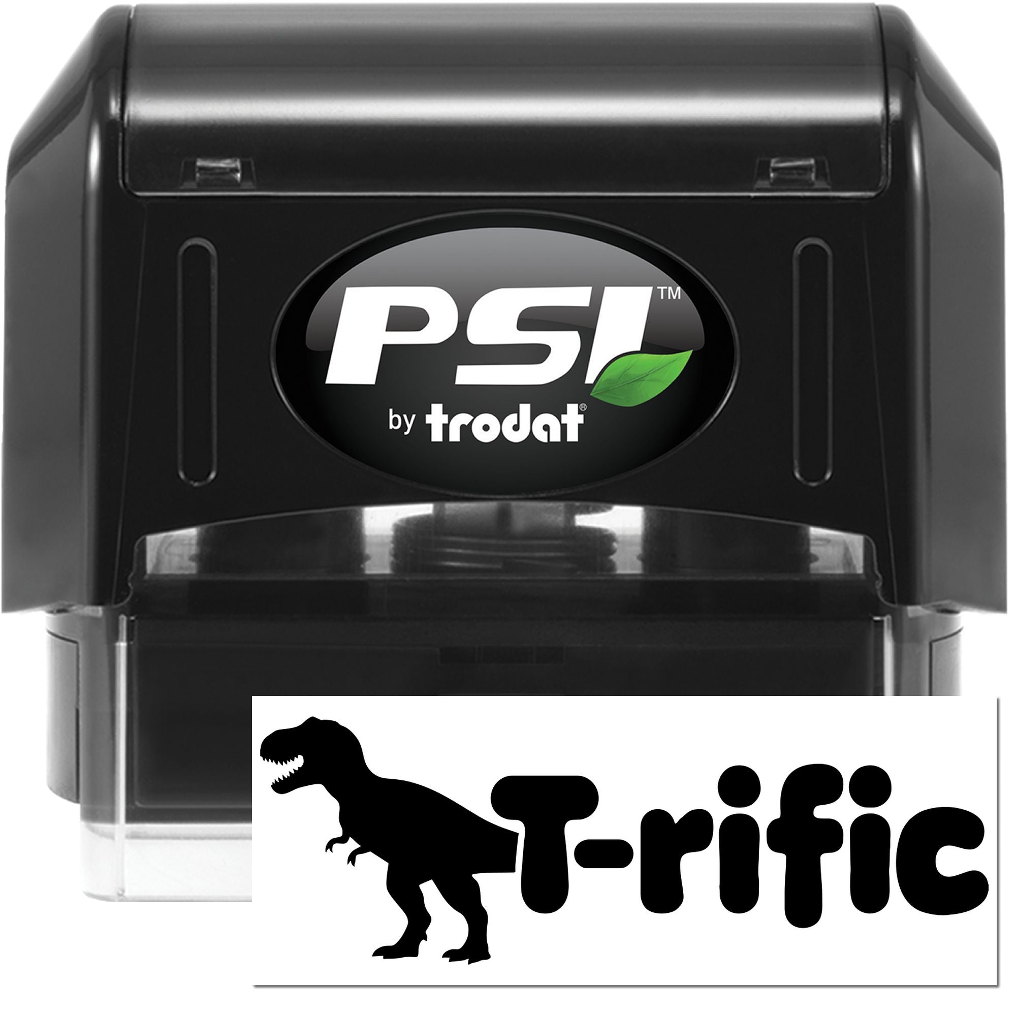 PSI by Trodat self-inking rubber stamp with custom dinosaur T-rific logo imprint for branding and packaging.