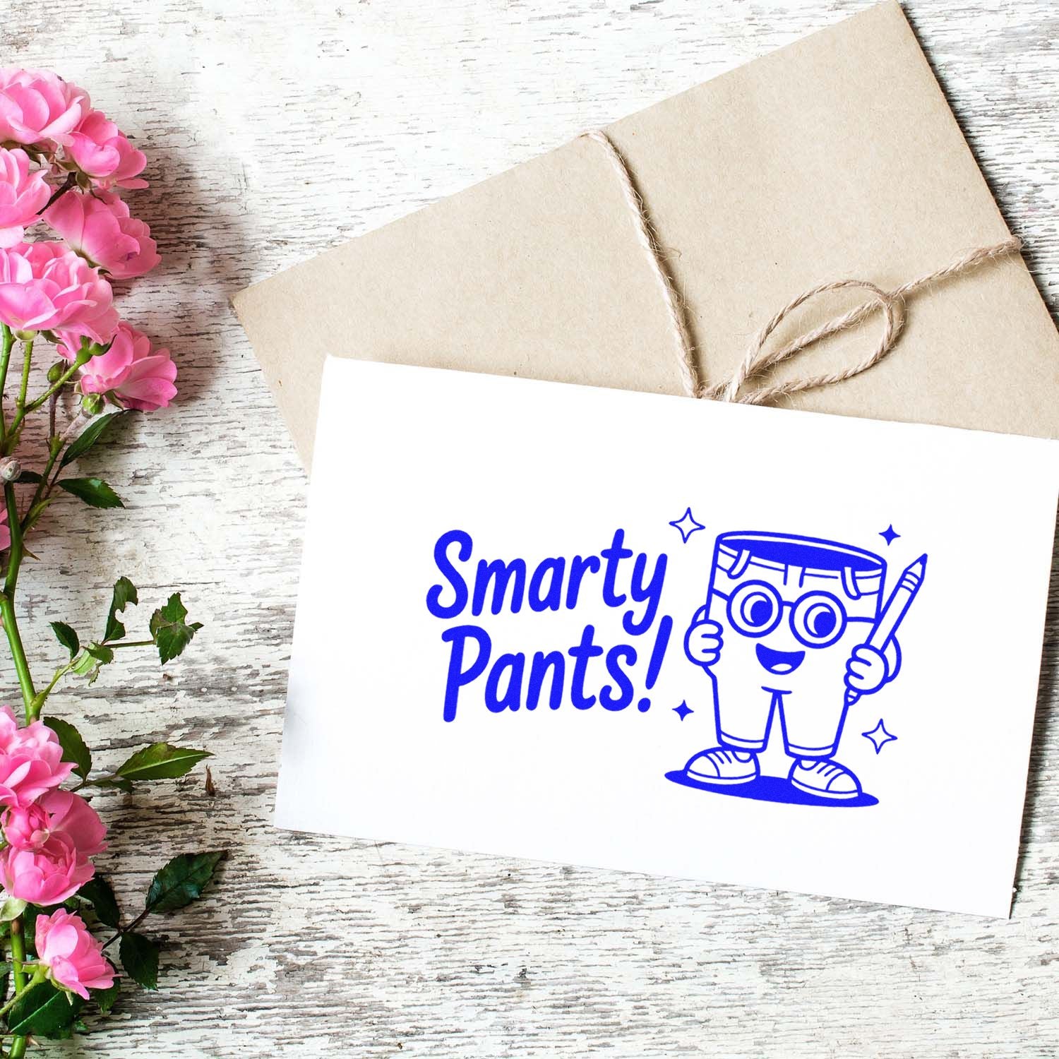 Smarty Pants rubber stamp in blue ink on a greeting card with pencil mascot, perfect for teacher appreciation and classroom rewards.