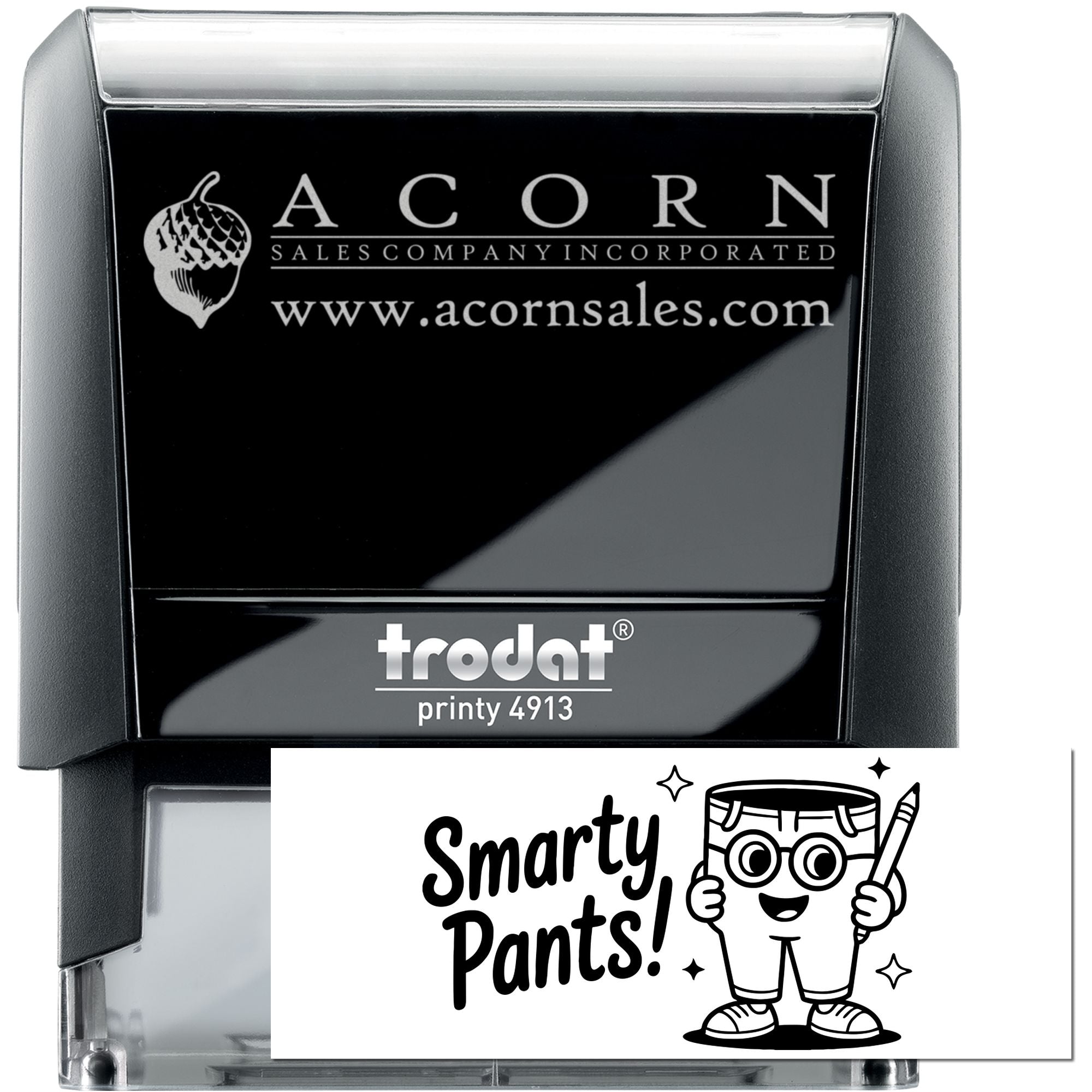 Custom self-inking rubber stamp with Acorn Sales Company logo and Smarty Pants design for branded business stamping.