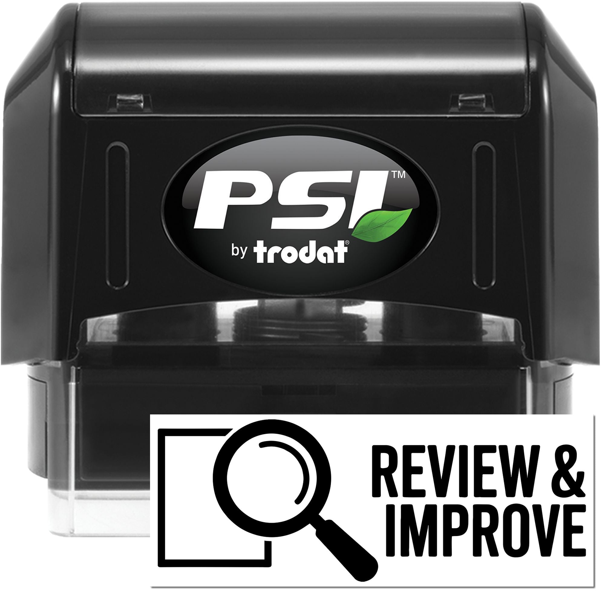 PSI by Trodat self-inking rubber stamp with Review & Improve message for office document review and approval.