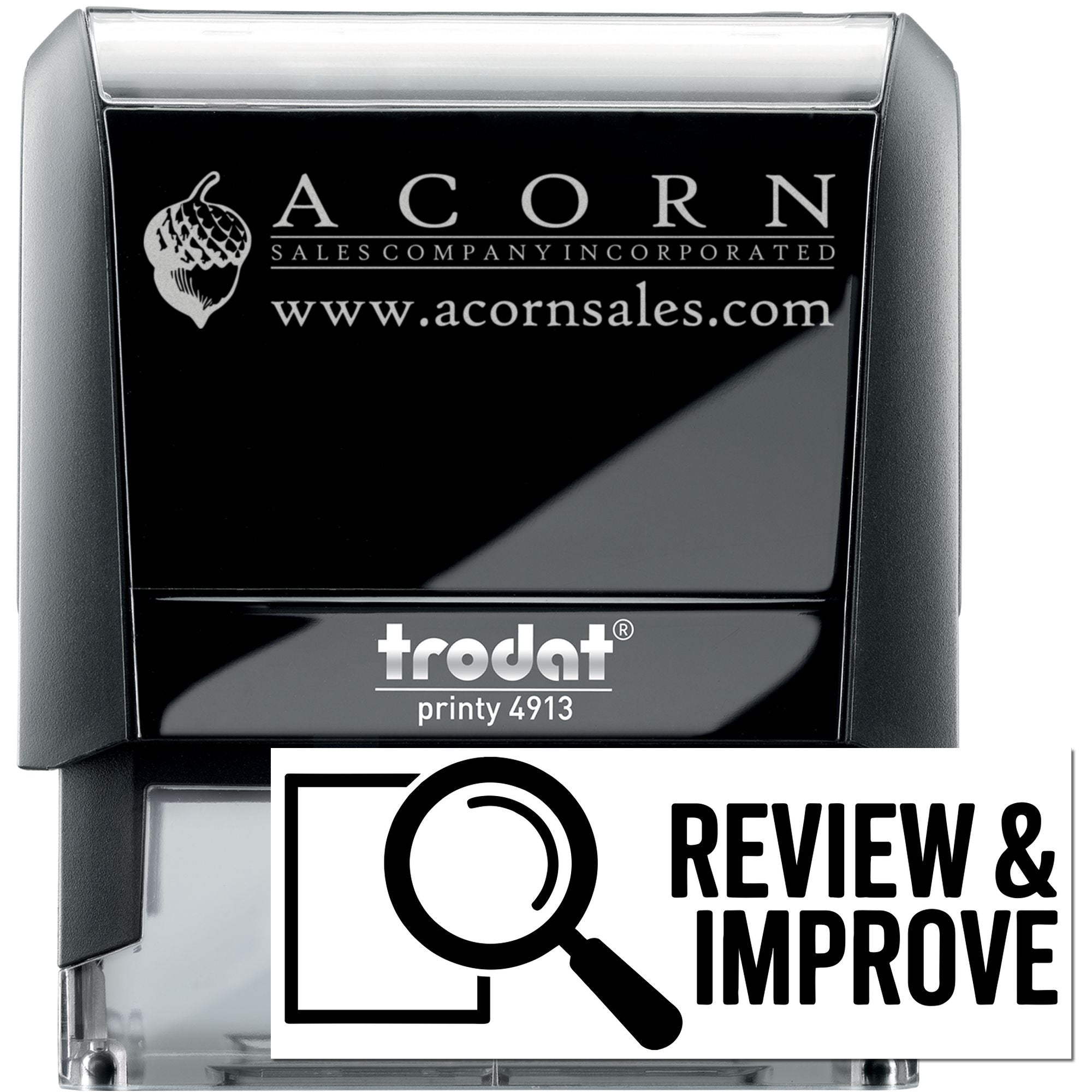 Custom self-inking rubber stamp with Acorn Sales Company logo and website for business branding and mailing.
