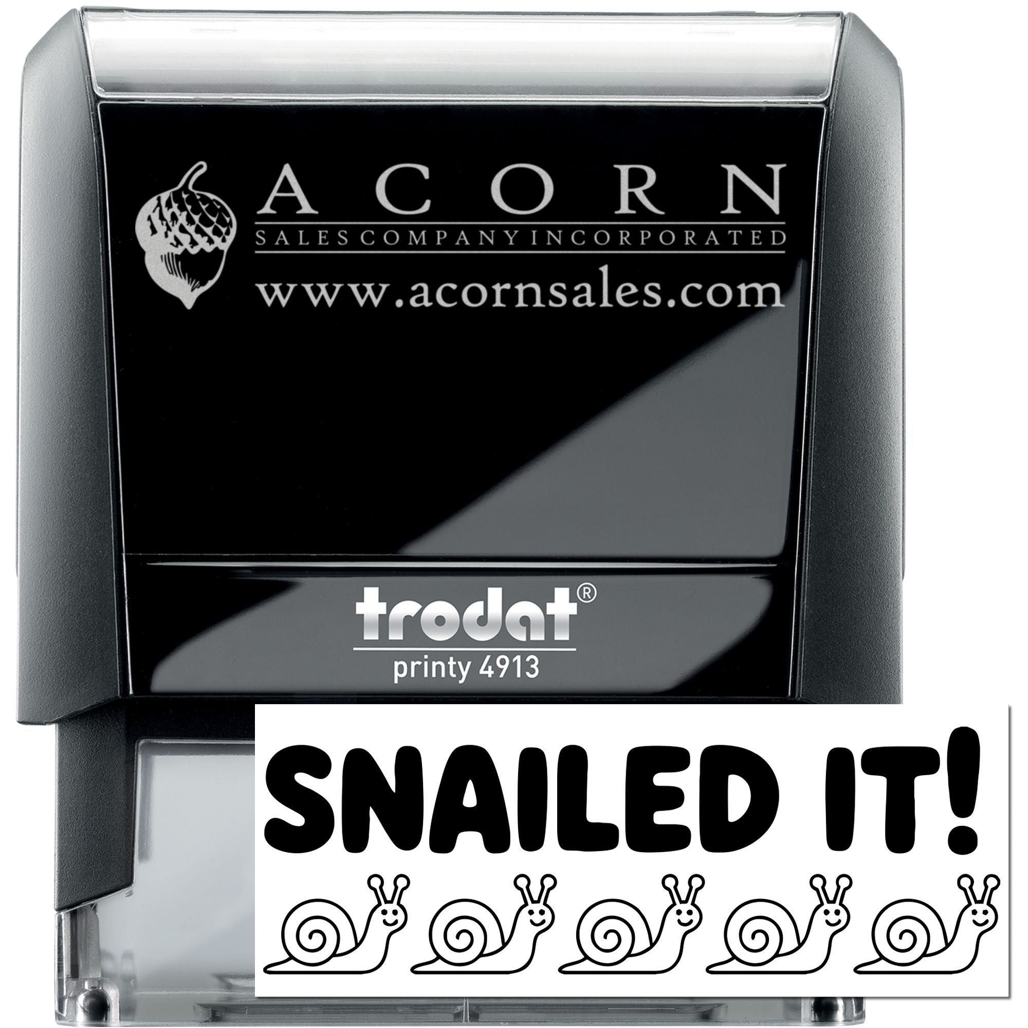 Trodat Printy self-inking rubber stamp with custom "SNAILED IT!" design for playful business use.
