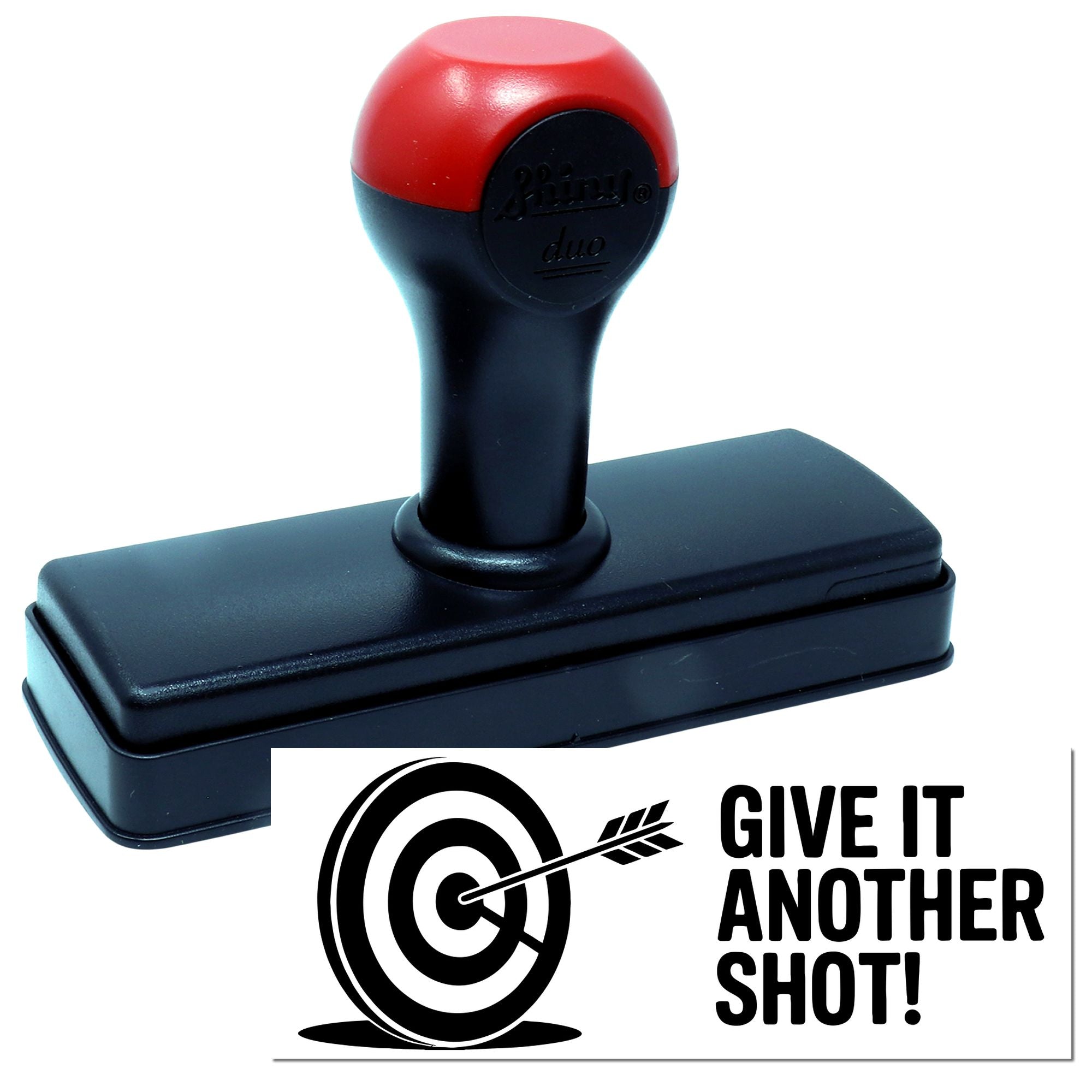 Custom self-inking rubber stamp with target graphic and Give It Another Shot! message for office or novelty use.