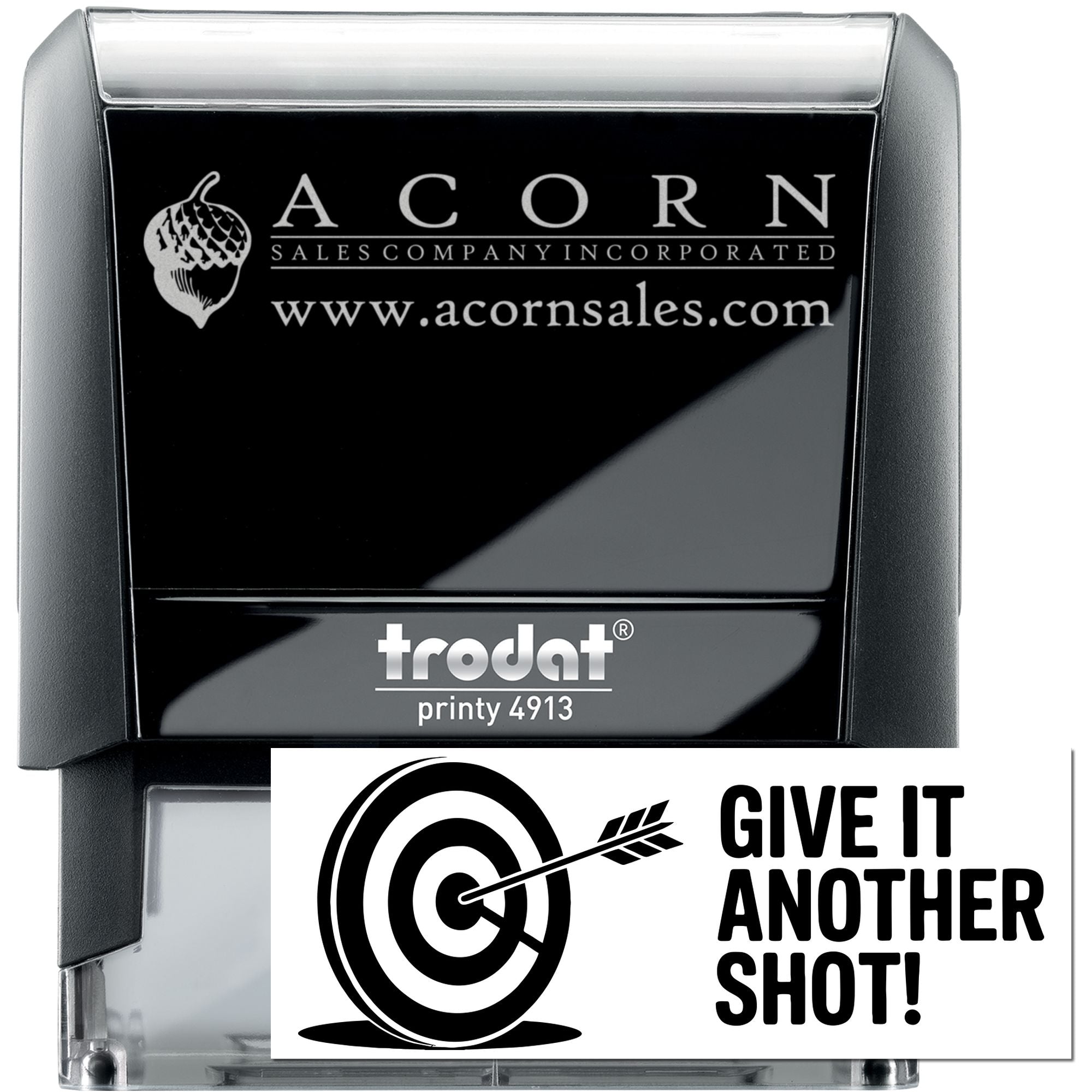 Custom self-inking rubber stamps with business logo and Give It Another Shot! design for branding and promotions.