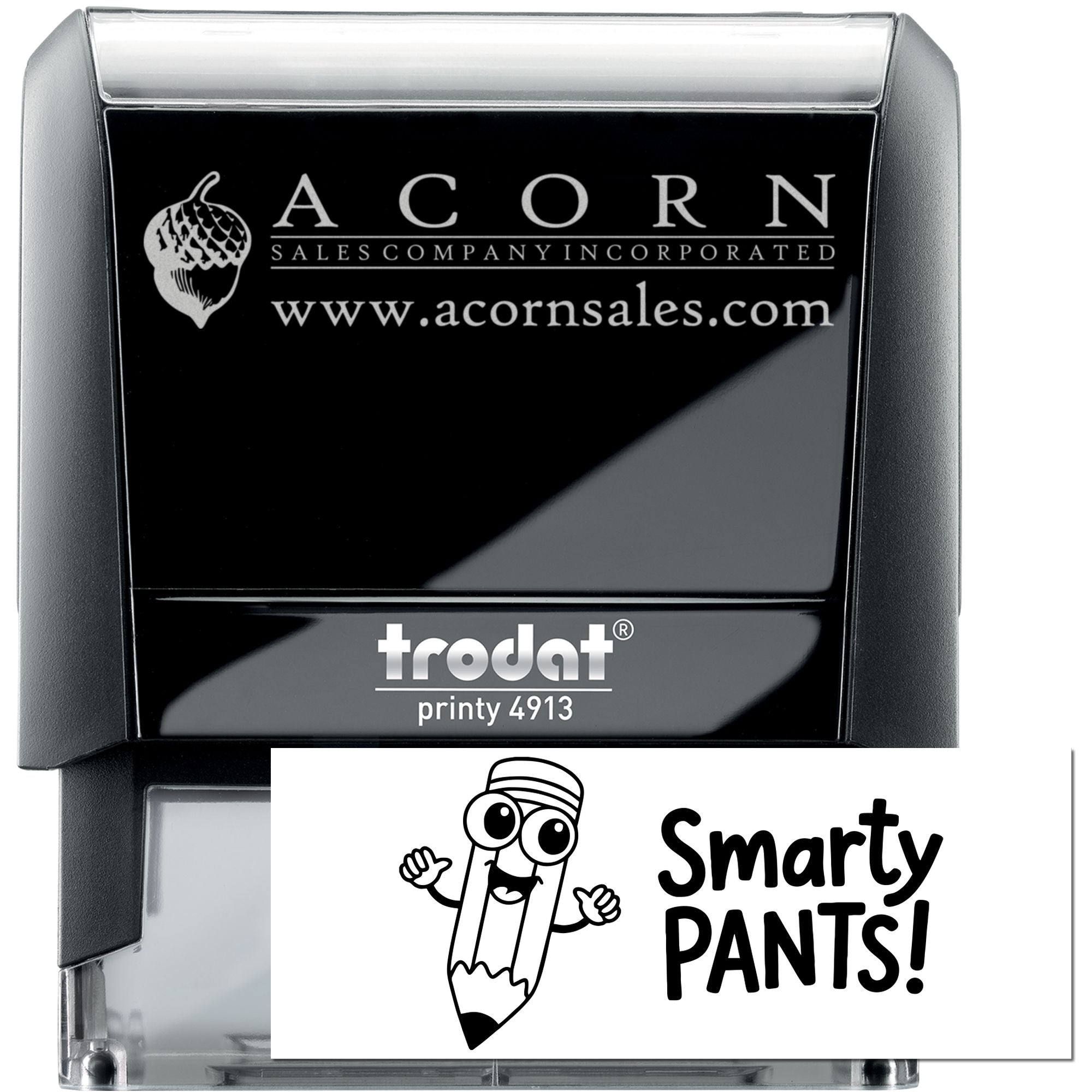 Trodat Printy 4913 self-inking rubber stamp with Acorn Sales logo and Smarty Pants custom imprint.