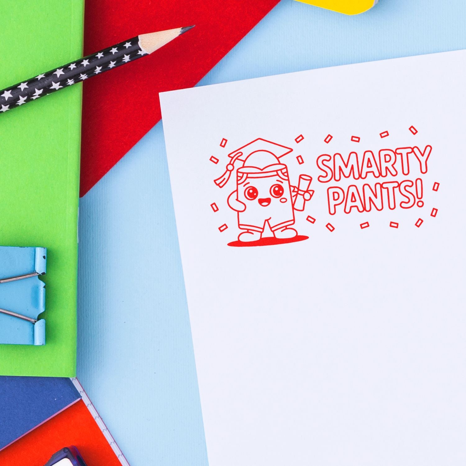 Smarty Pants! rubber stamp design with graduation character, ideal for teacher rewards, school projects, and student recognition.
