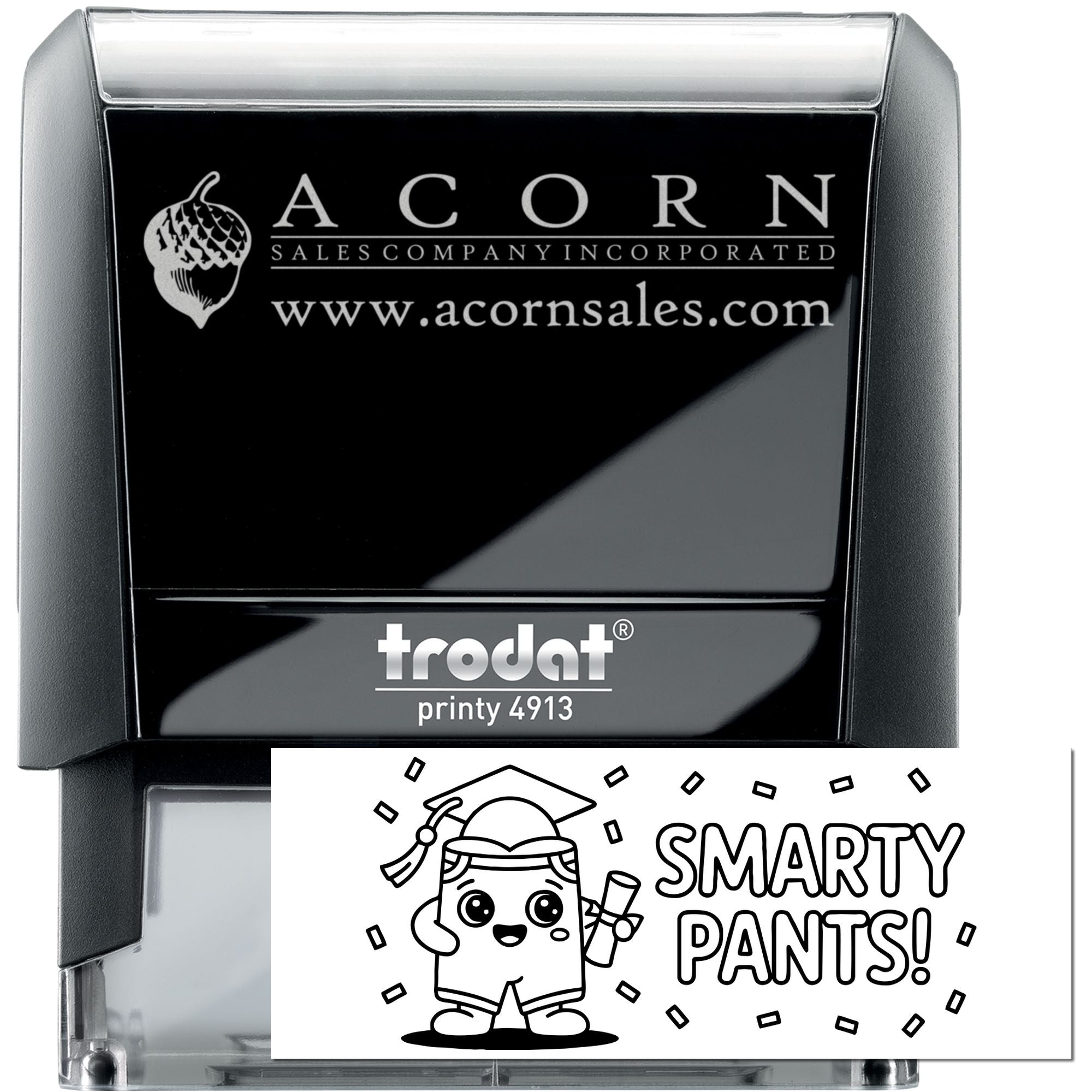 Custom self-inking rubber stamp with Acorn Sales Company logo, Trodat Printy 4913, and Smarty Pants proof imprint.