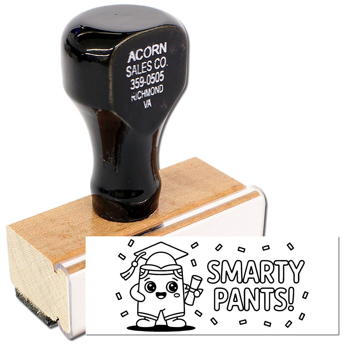 Custom wooden rubber stamp with Smarty Pants! design, ideal for school rewards and personalized business branding.