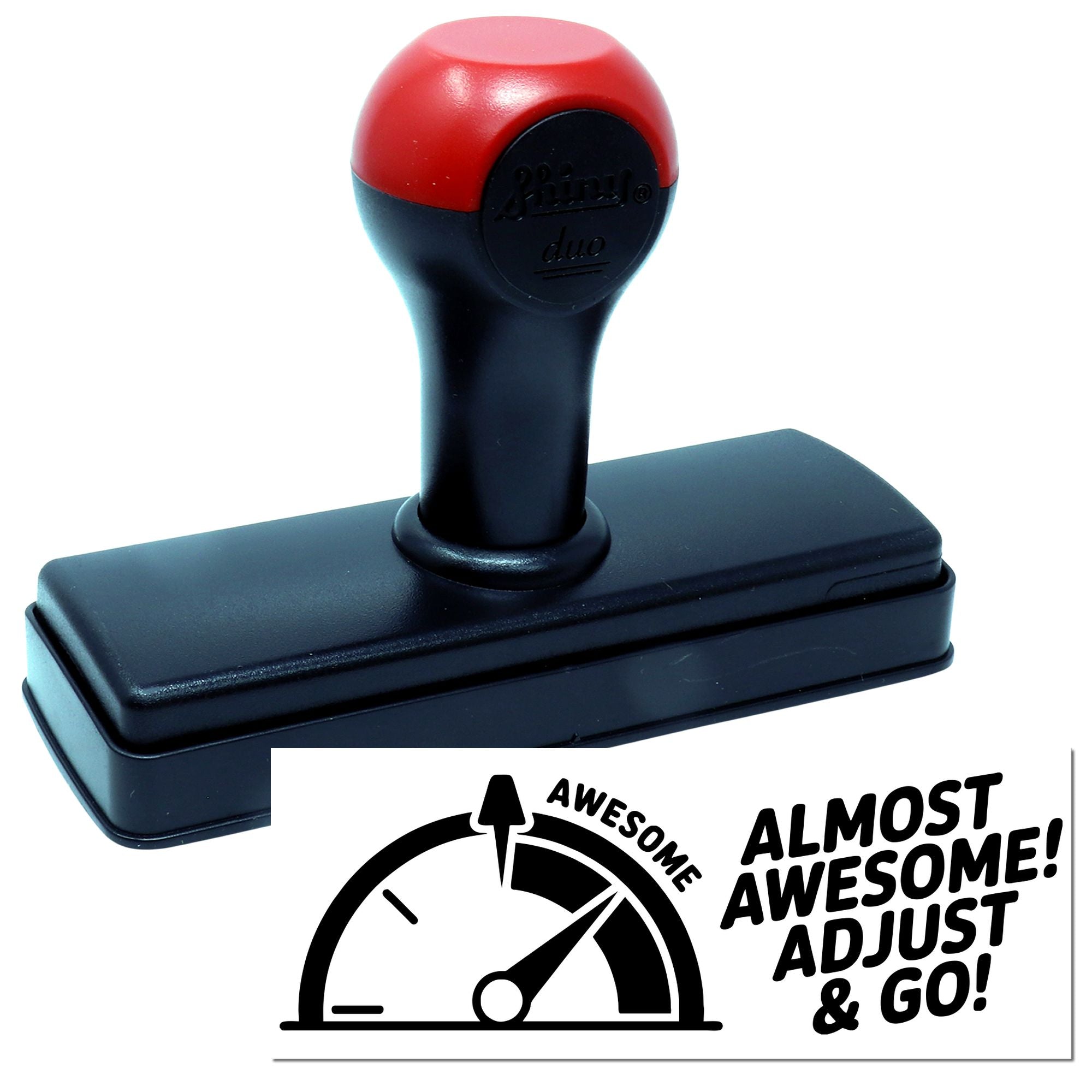 Self-inking rubber stamp with red and black handle and Awesome Almost Awesome Adjust & Go! gauge impression.