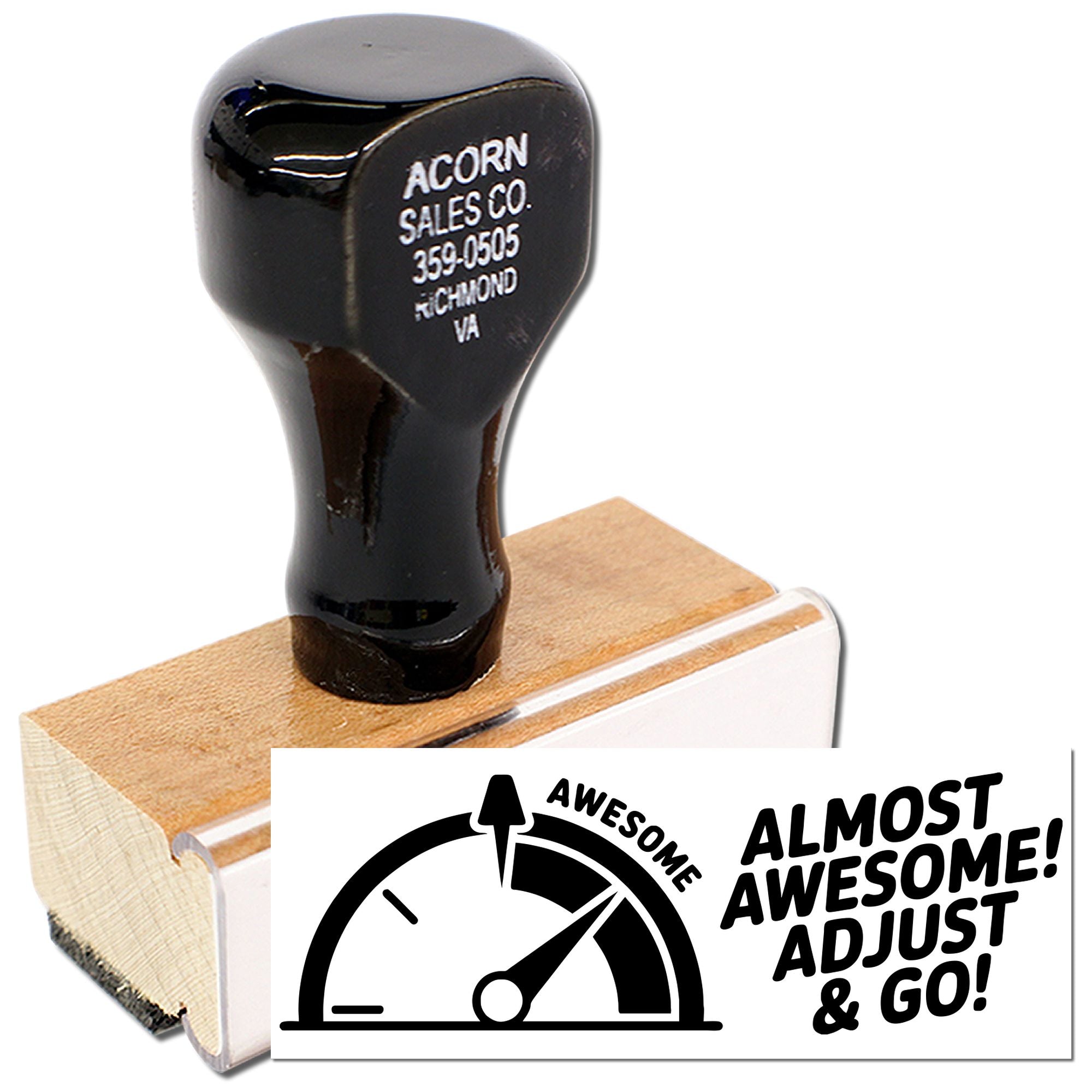 Wood handle rubber stamp with Almost Awesome! Adjust & Go! design, ideal for custom office branding and motivational stamping.