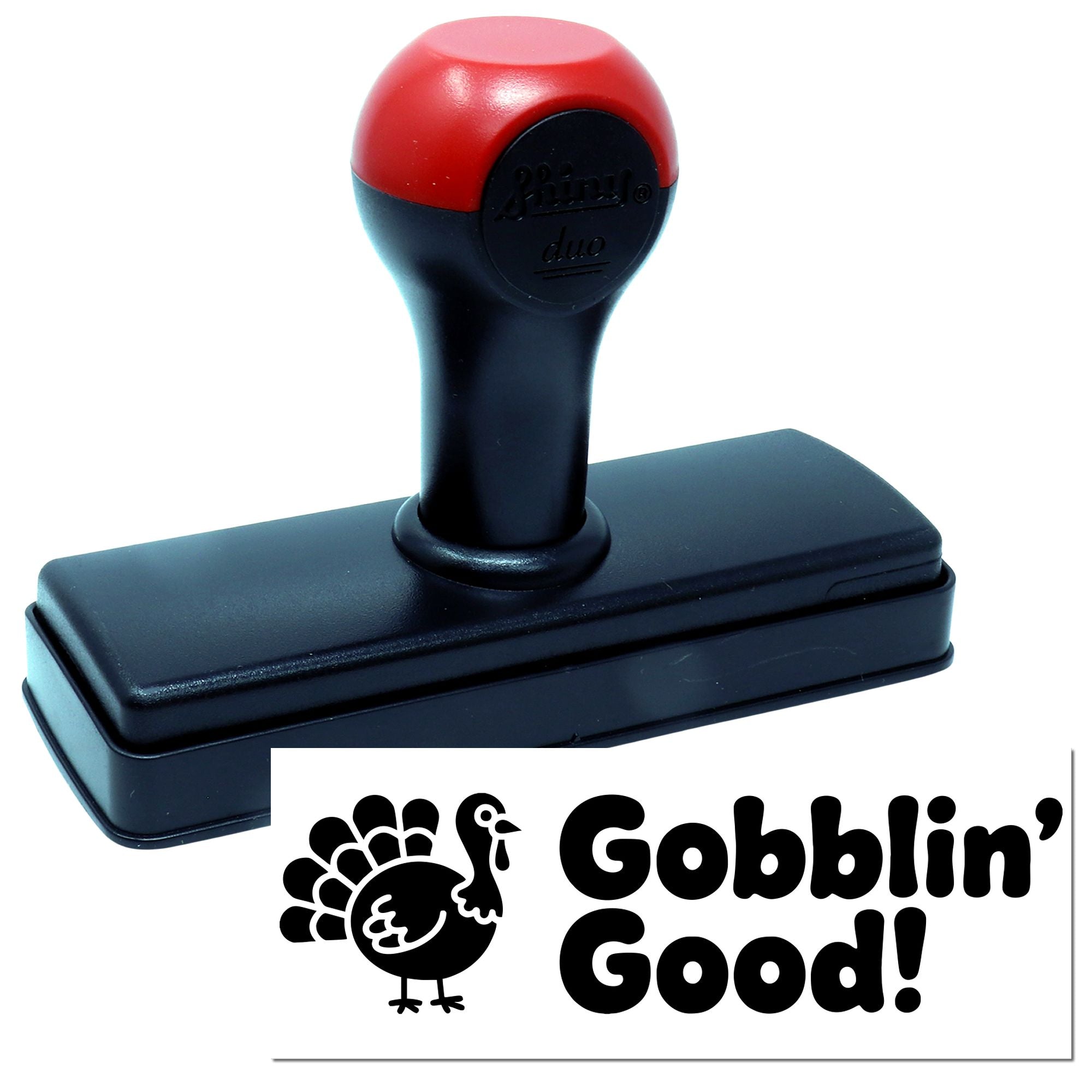 Self-inking rubber stamp with Gobblin Good turkey design for Thanksgiving cards, crafts, and seasonal packaging.