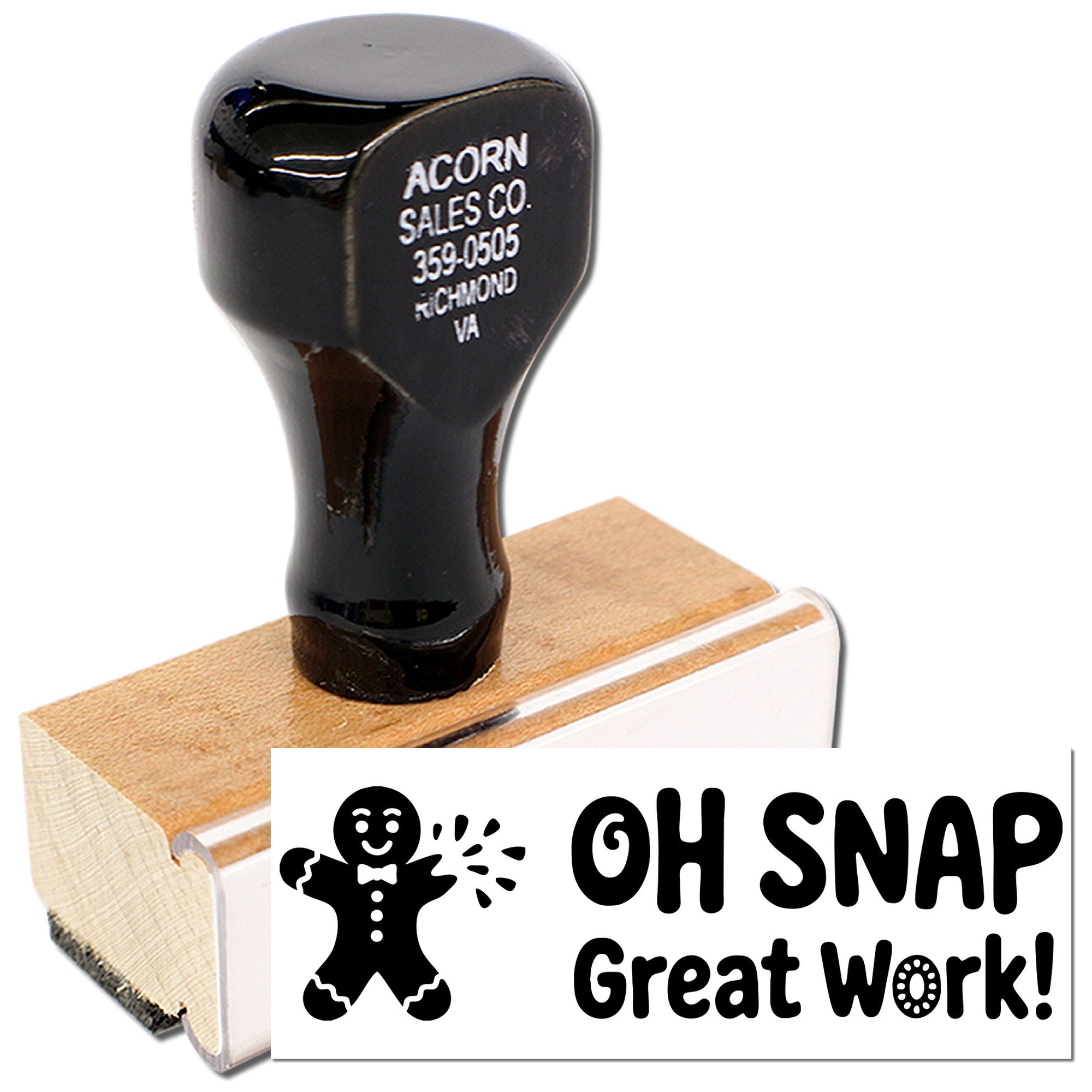 Rubber stamp reading Oh Snap Great Work! with gingerbread man icon for classroom rewards and teacher praise.
