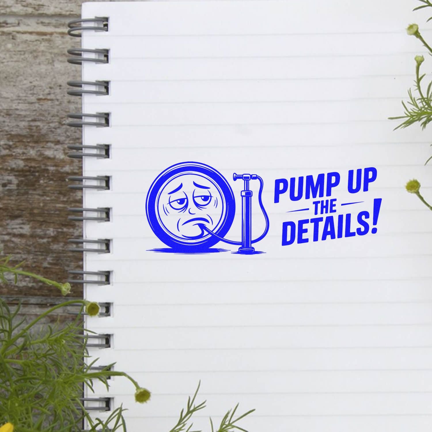Custom rubber stamp design reading Pump Up the Details! with a tired face and hand pump on a notebook page.