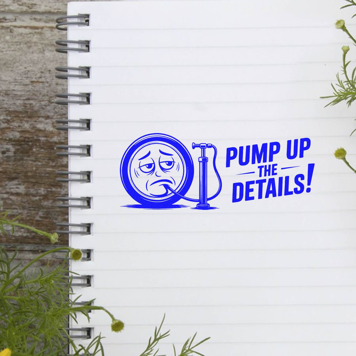 Custom rubber stamp design with Pump Up the Details! slogan and air pump graphic for stationery, planners, and notebooks.