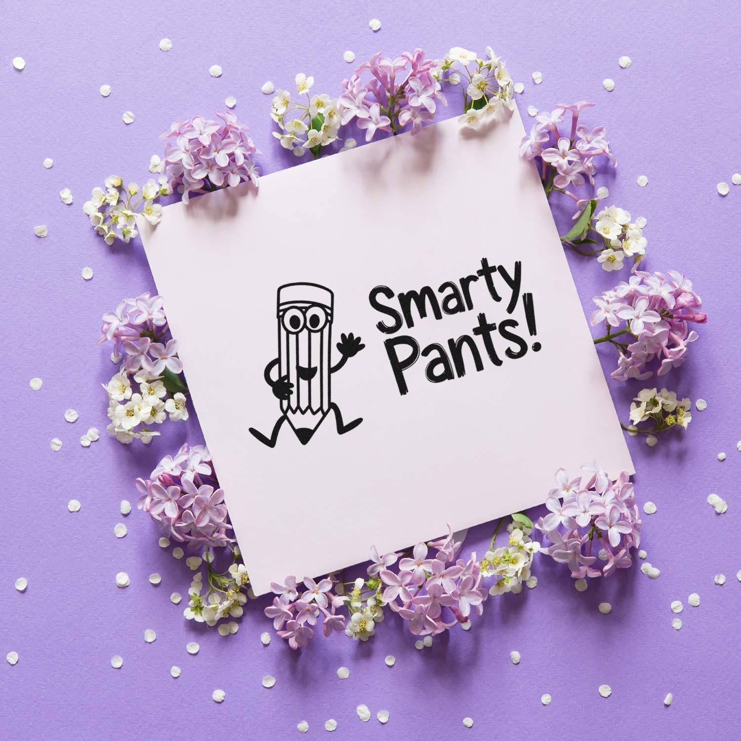 Smarty Pants! pencil custom rubber stamp design on purple floral background, perfect for teachers, schoolwork, and craft projects.