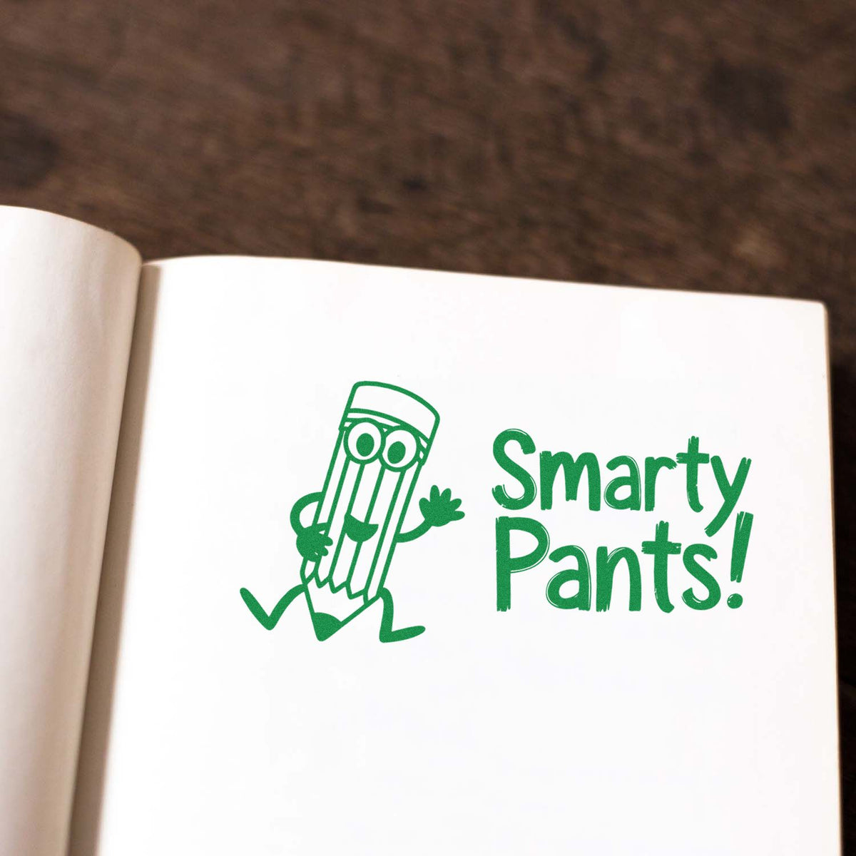 Smarty Pants rubber stamp impression with pencil character on notebook page, ideal for teacher and school craft projects.