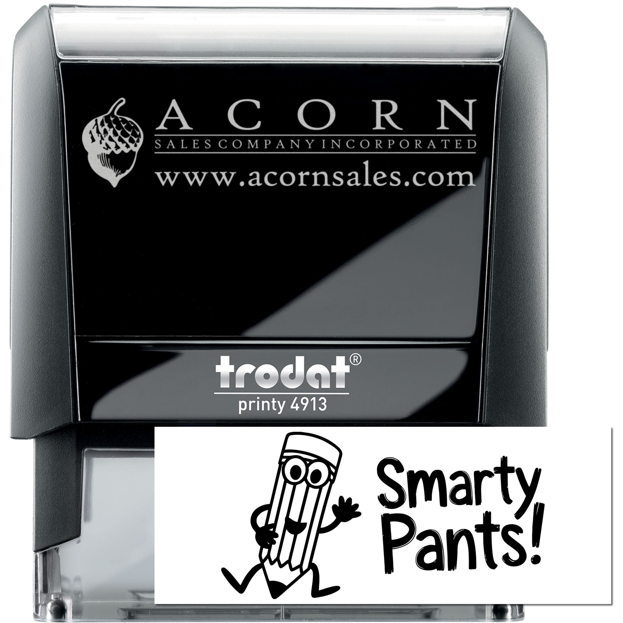 Custom self-inking rubber stamp, Trodat Printy 4913, with Acorn Sales logo and Smarty Pants design sample.