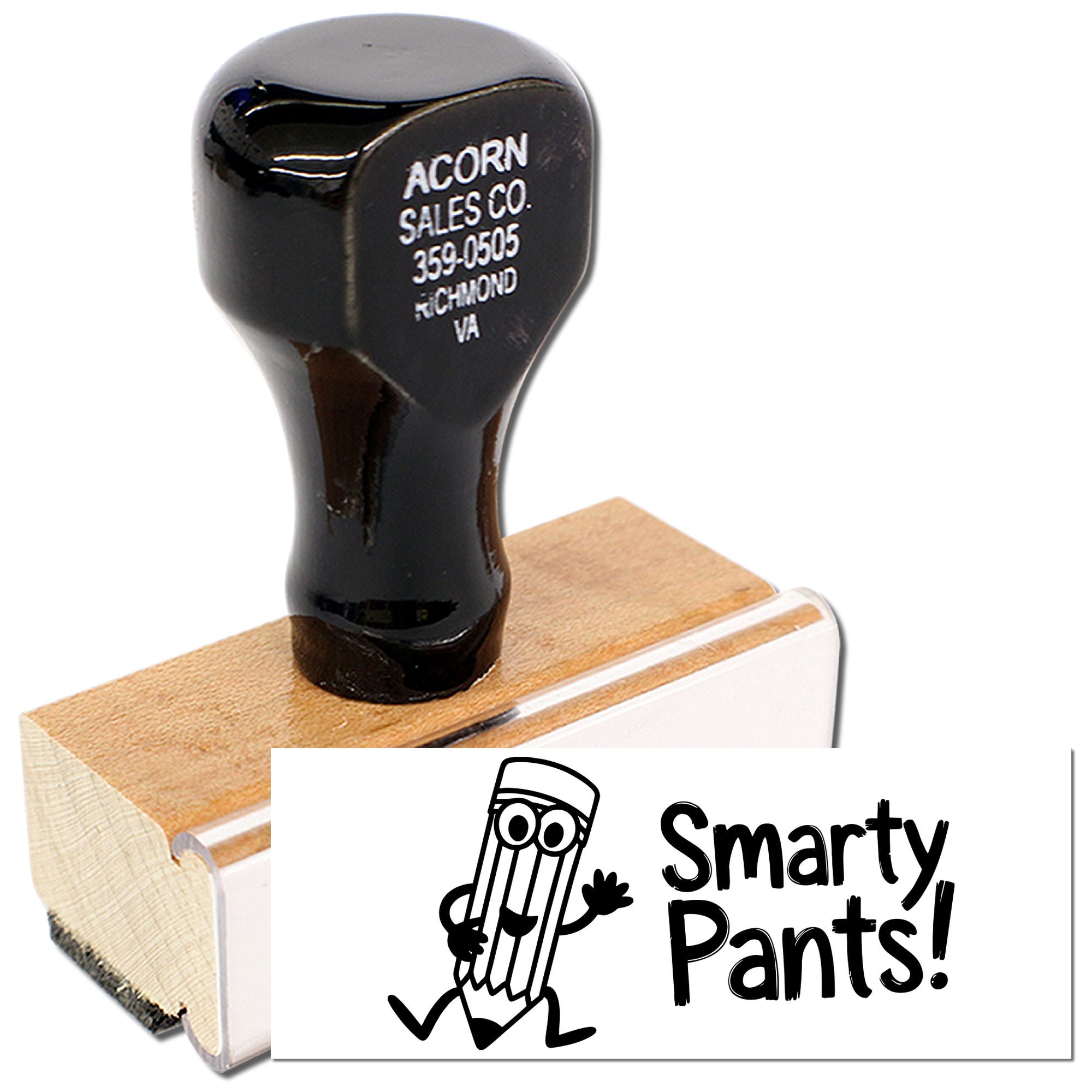 Wooden handle rubber stamp with Smarty Pants design, perfect for custom teacher or office stamping.