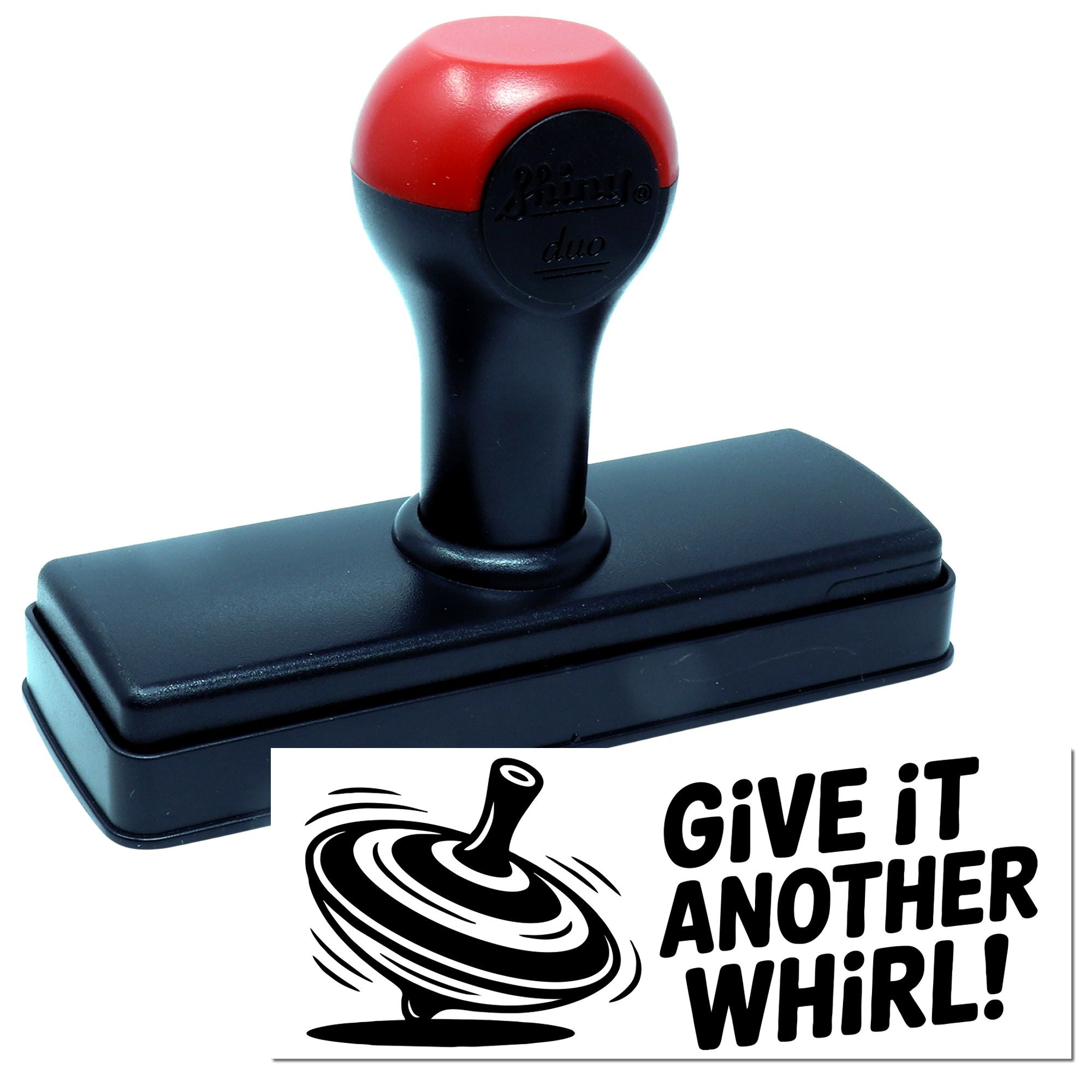 Self-inking rubber stamp with Give it another whirl! whirlpool graphic for office, teacher, or novelty stamping.