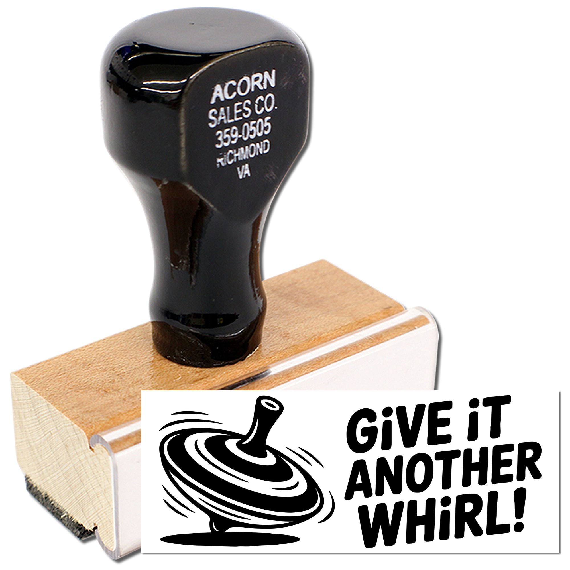 Custom rubber stamp with Give it another whirl! swirl graphic for fun branding and repeat-use messaging.