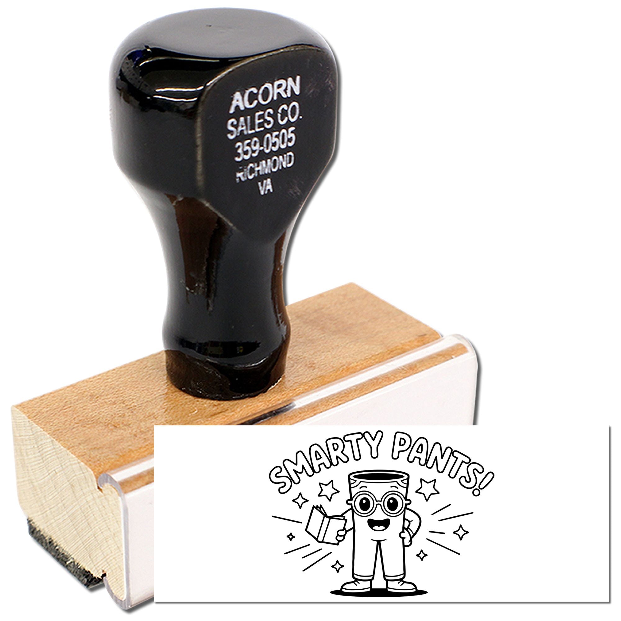 Smarty Pants! rubber stamp with cartoon bookworm design on wooden handle for teacher rewards