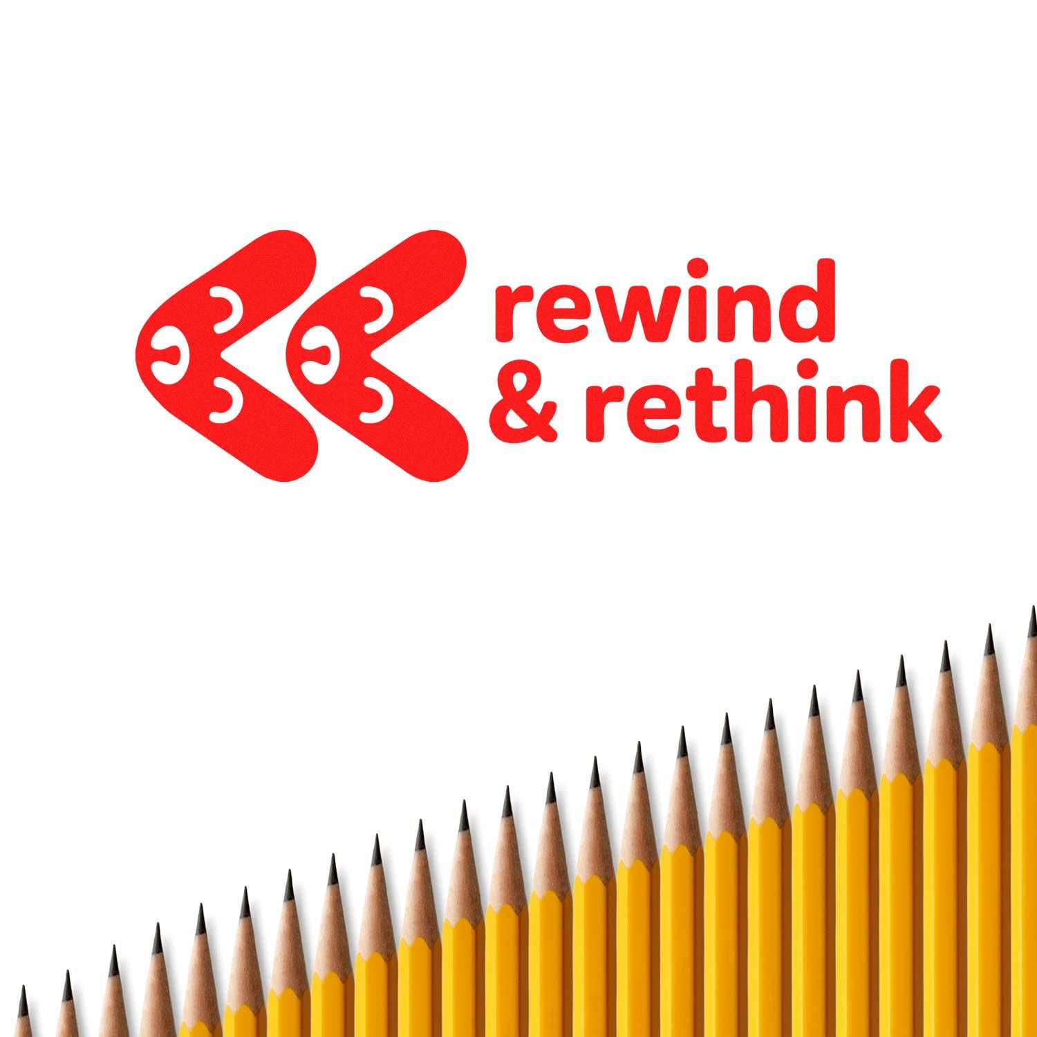 Red rewind and rethink rubber stamp design with pencils, ideal for revision, editing, and creative brainstorming.