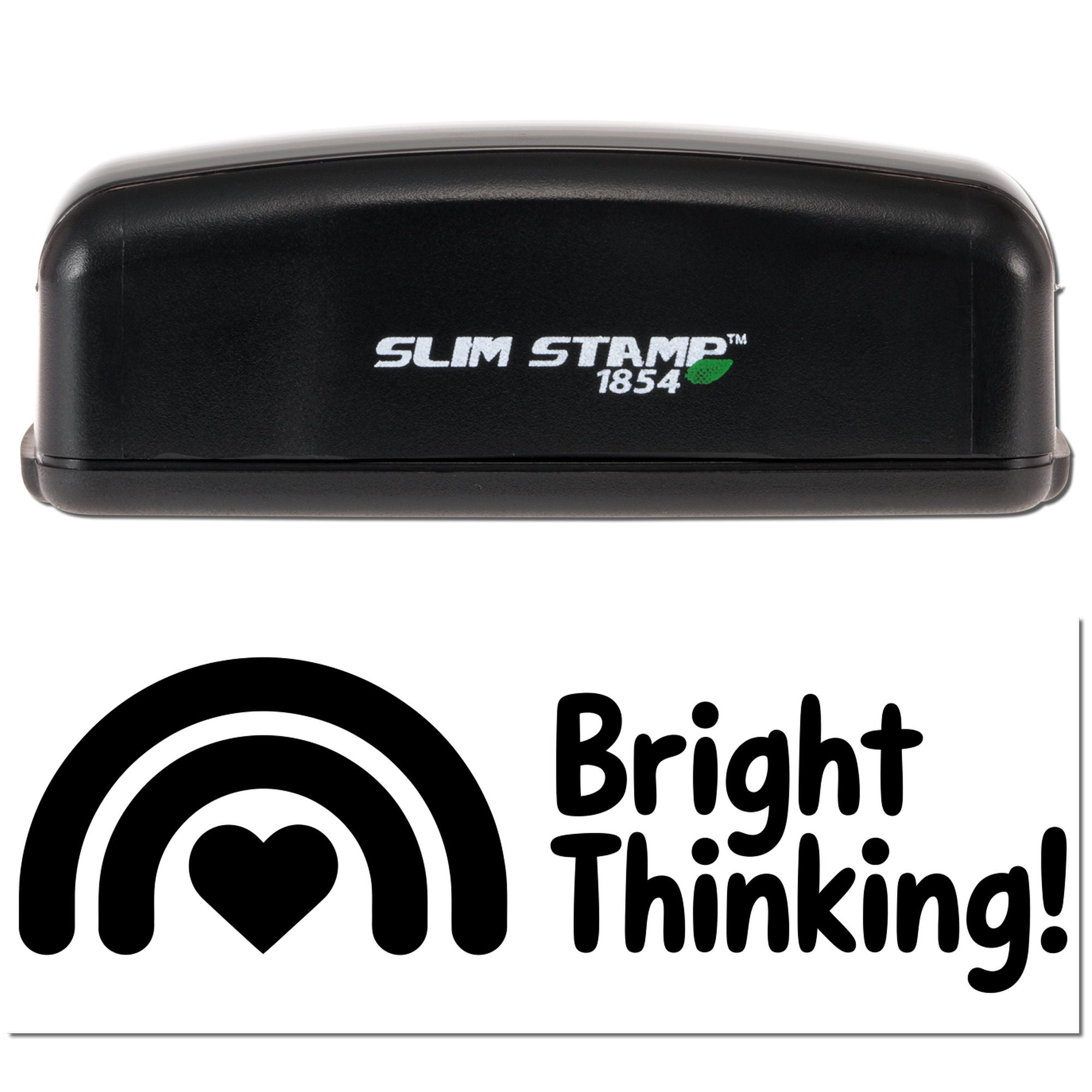 Slim Stamp 1854 self-inking rubber stamp with Bright Thinking rainbow heart imprint for creative office use