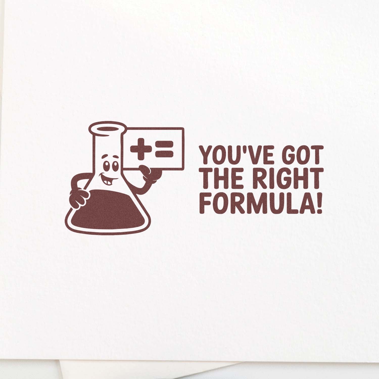 Chemistry rubber stamp design featuring a flask mascot and Youve got the right formula! text for labs, teachers, and science gifts