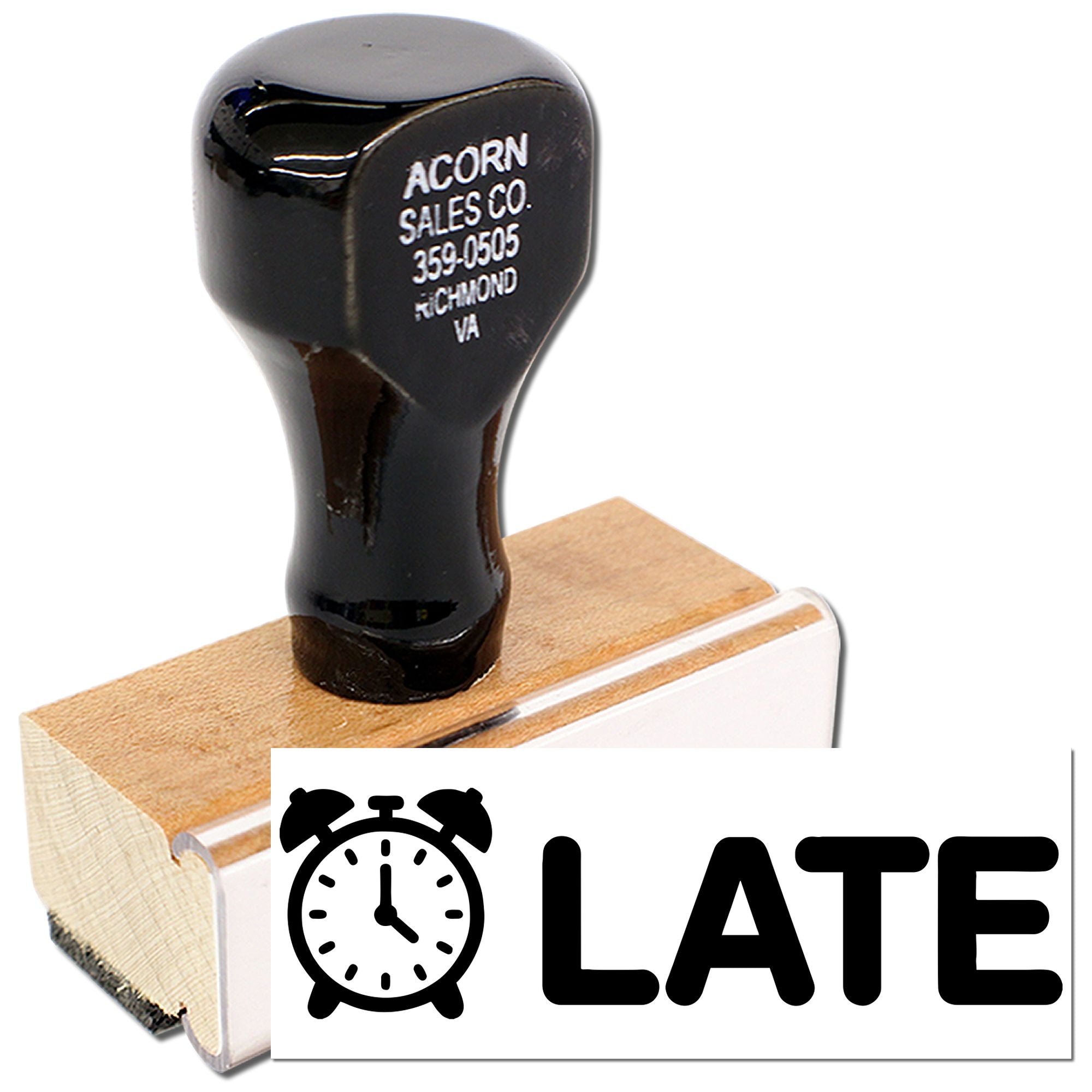 Wooden late rubber stamp with clock icon for office documents, marking tardy attendance or overdue paperwork.