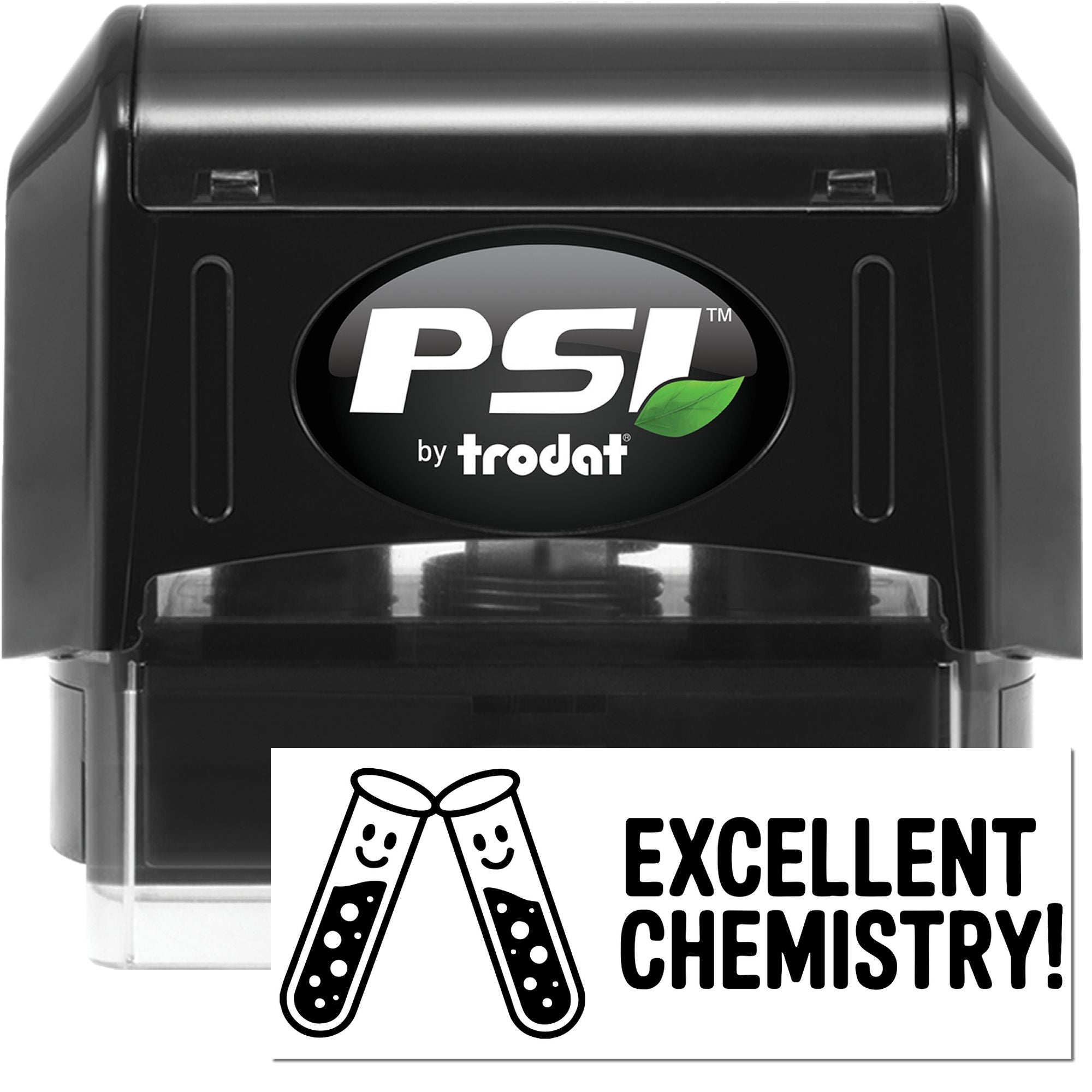 PSI by Trodat self-inking rubber stamp with Excellent Chemistry! test tube design for science classroom rewards.