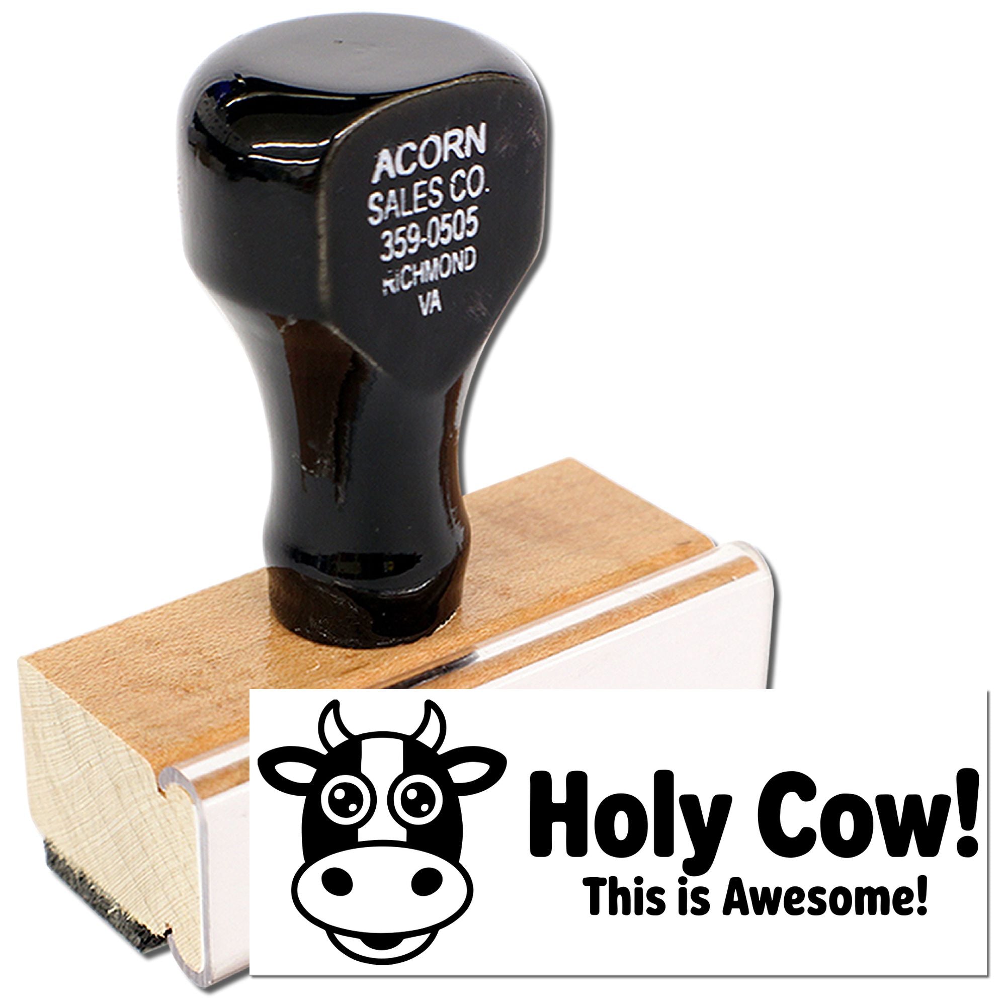 Custom rubber stamp with cow design and Holy Cow! This is Awesome! message for fun business branding.