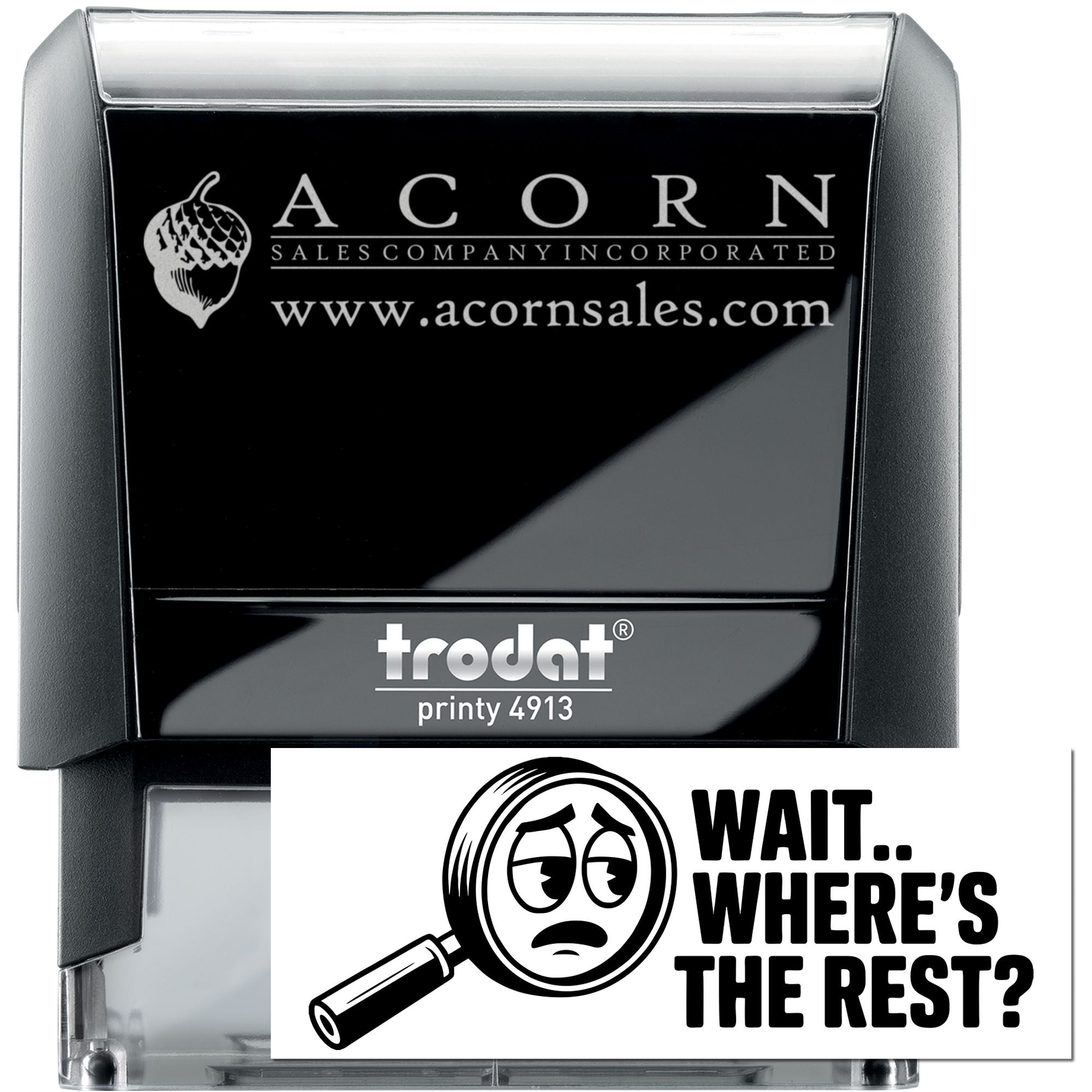 Custom self-inking rubber stamp with Acorn Sales logo and website, Trodat Printy 4913 for business branding.