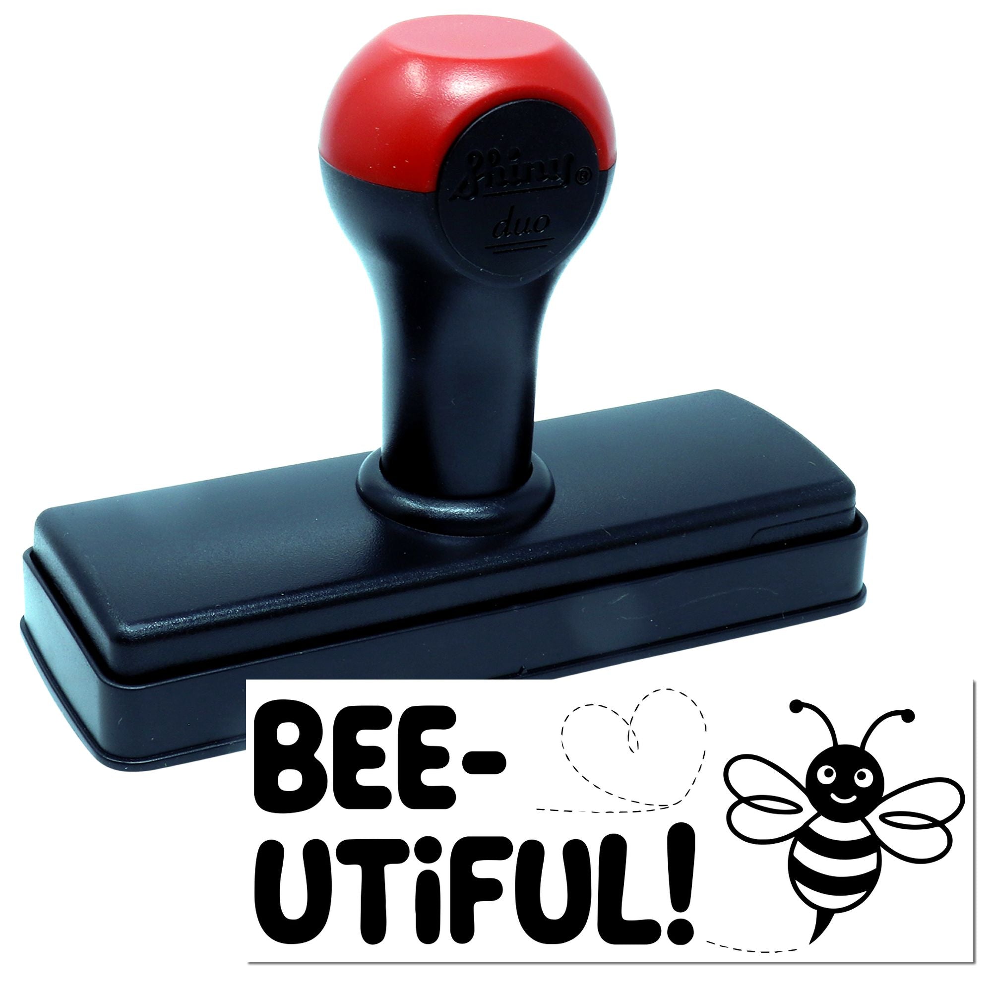 Self-inking rubber stamp with bee-utiful design for crafting cards, labels, and classroom projects.