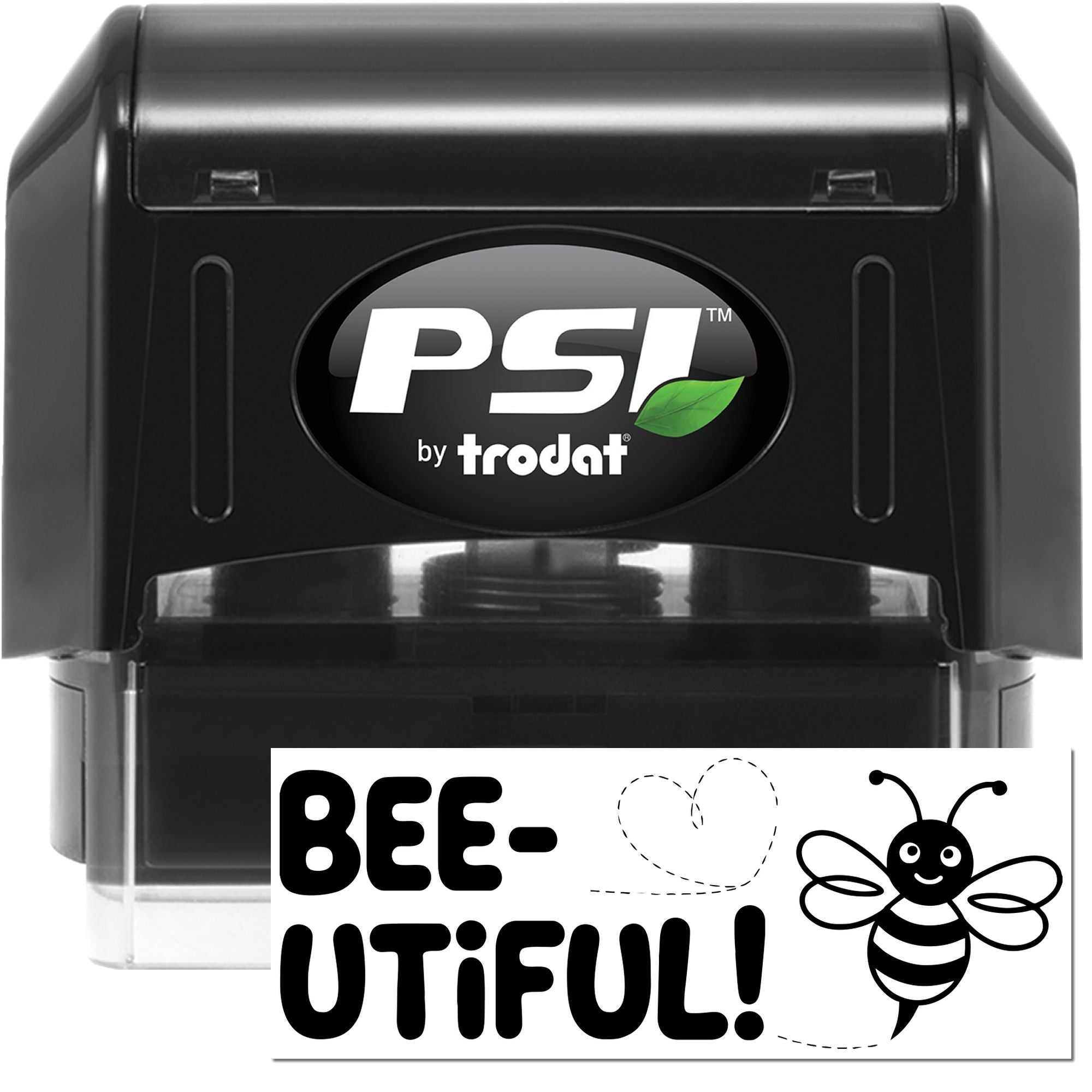 PSI by Trodat self-inking rubber stamp with Bee-utiful bee design for custom stamping.