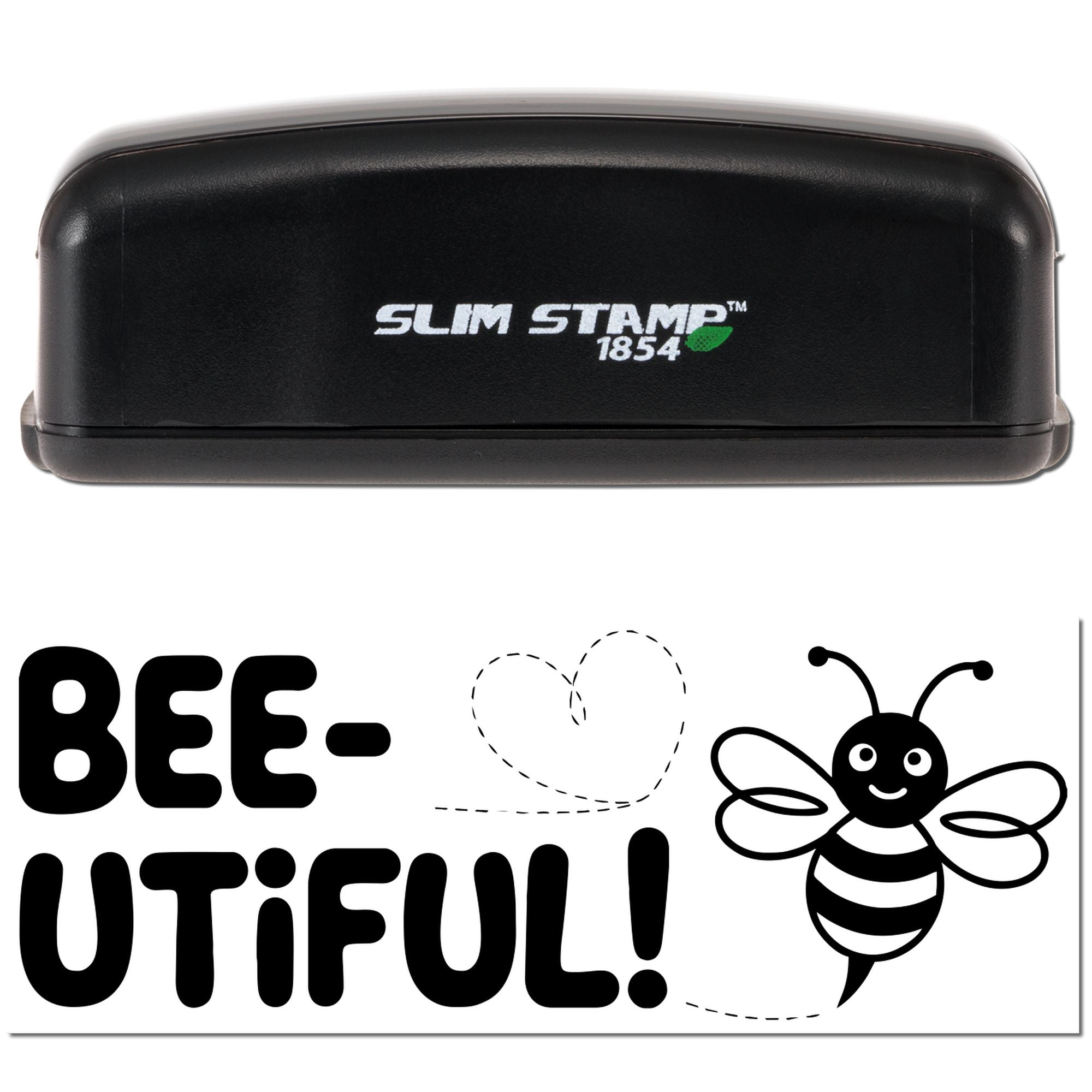 Slim Stamp self-inking rubber stamp with Bee-utiful bee design and heart outline, ideal for fun craft and stationery use