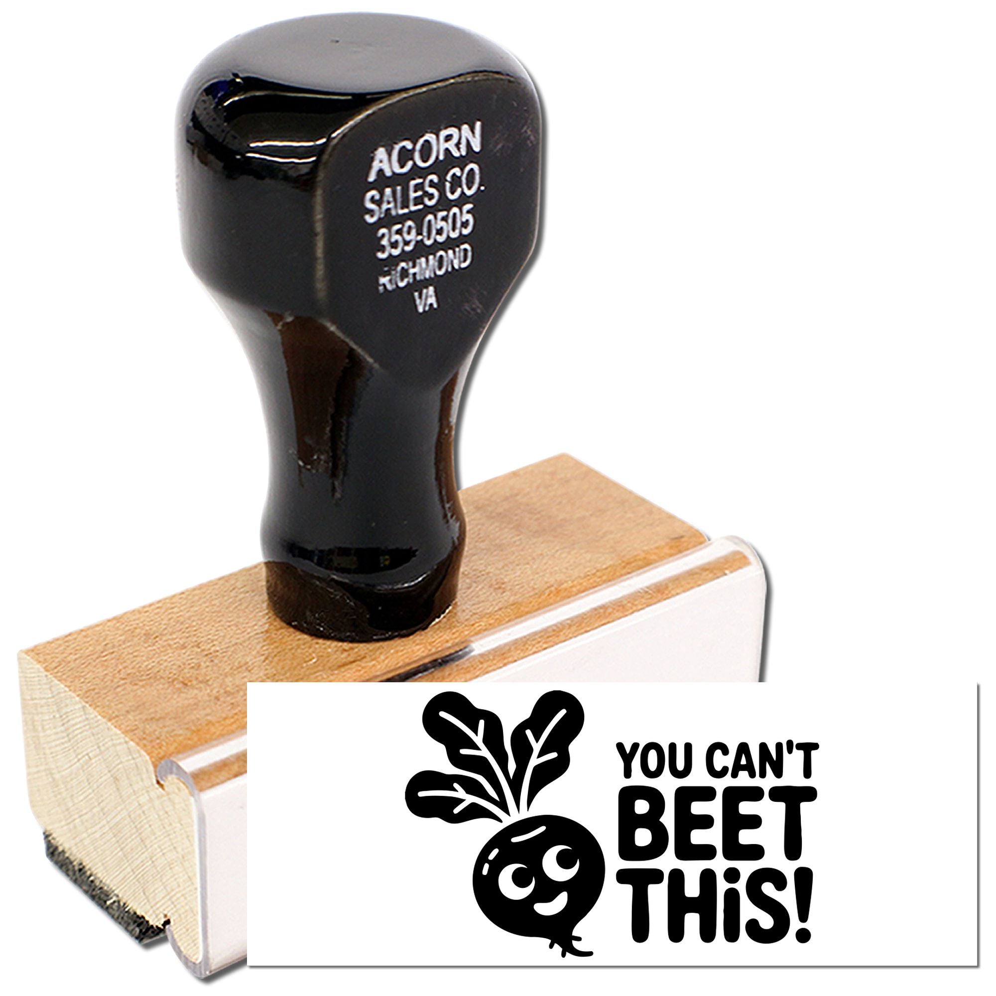 Custom wood handle rubber stamp with You cant beet this! beet design for playful packaging and crafts