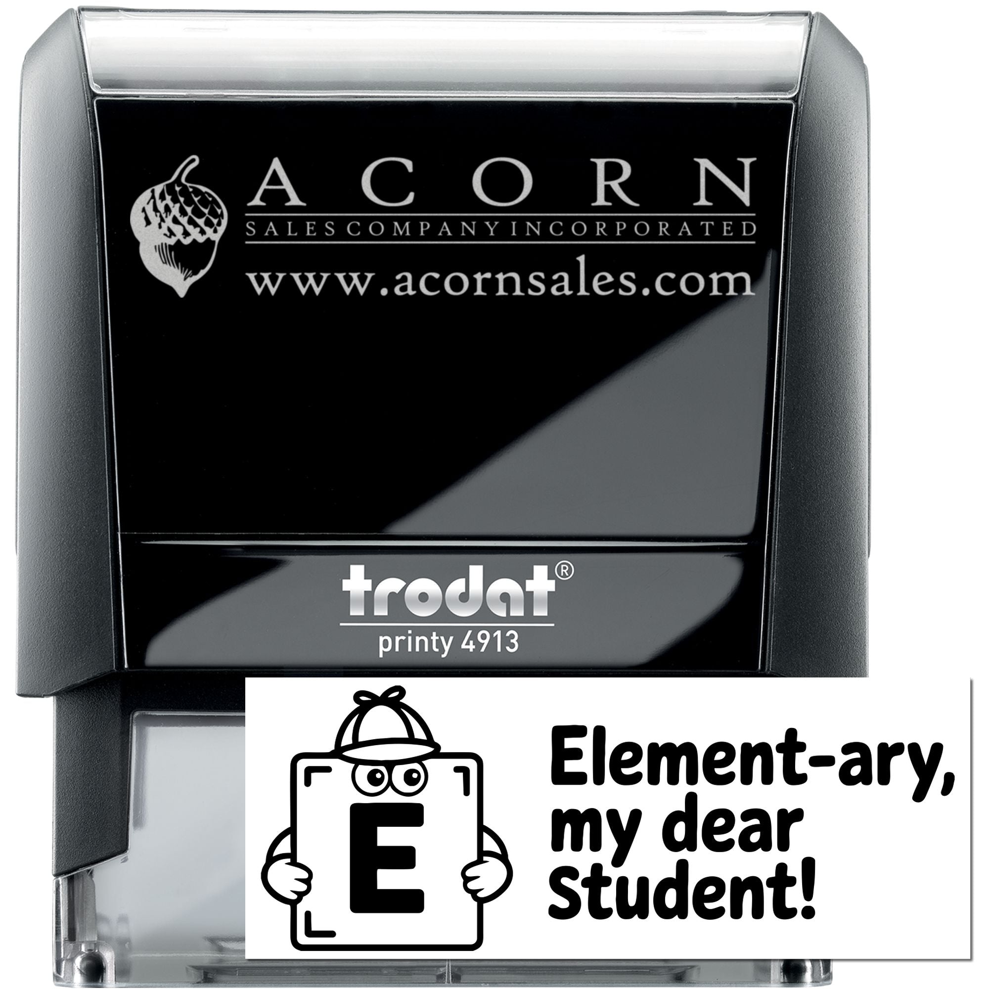 Trodat Printy 4913 custom self-inking rubber stamp for teachers, with Elementary, my dear student! design.