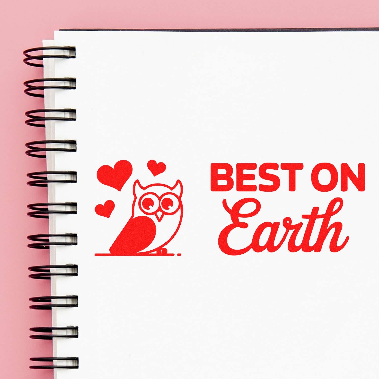 Red rubber stamp design with owl and hearts reading Best on Earth for notebooks, teachers, and gift crafts.