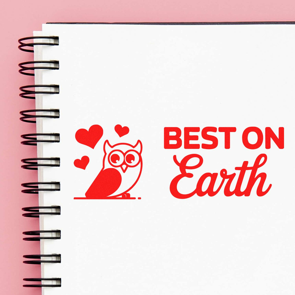Custom rubber stamp design with owl and hearts reading "Best on Earth" for eco-friendly stationery and Earth Day crafts.