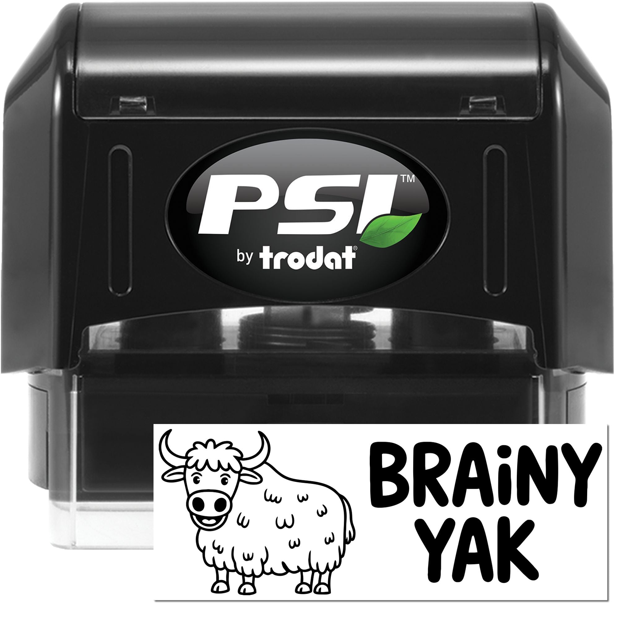 Custom PSI by Trodat self-inking rubber stamp with Brainy Yak design, ideal for personalized business, teacher, or craft stamping.