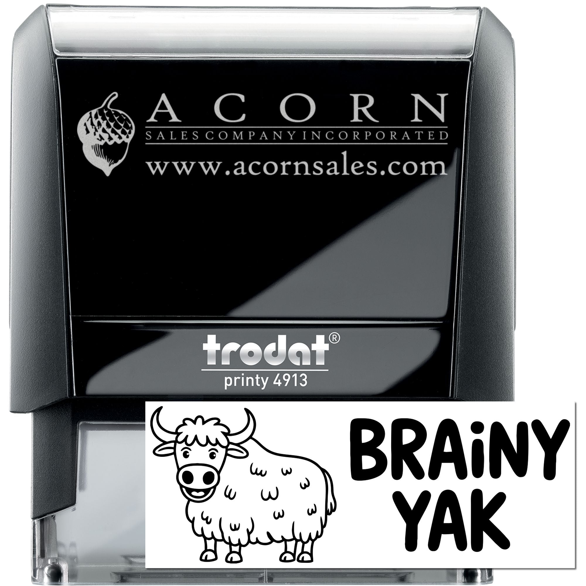 Trodat Printy self-inking custom rubber stamp showing ACORN sales logo, website, and Brainy Yak design sample.