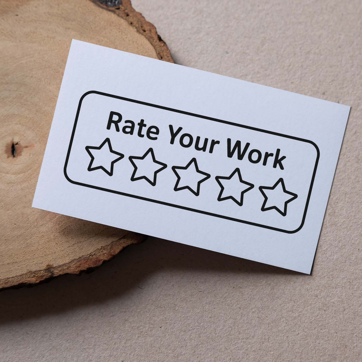 Rate Your Work rubber stamp with five stars for classroom, office, or customer feedback grading.