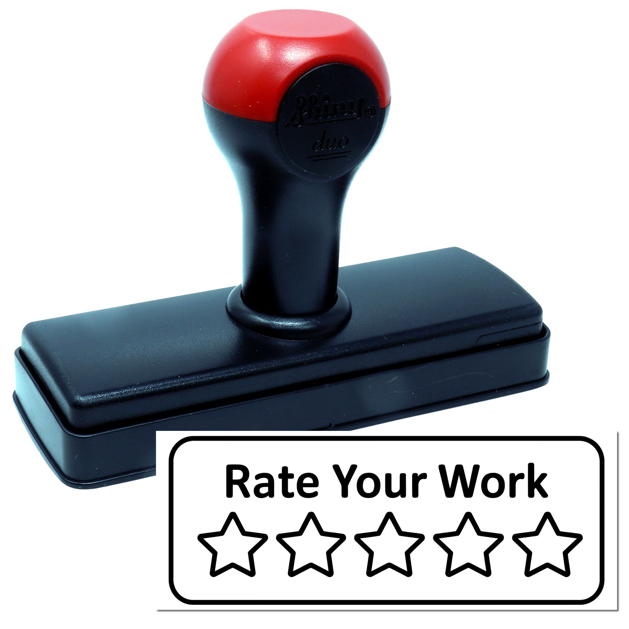 Self-inking rubber stamp with Rate Your Work five-star design for classroom grading and customer feedback.
