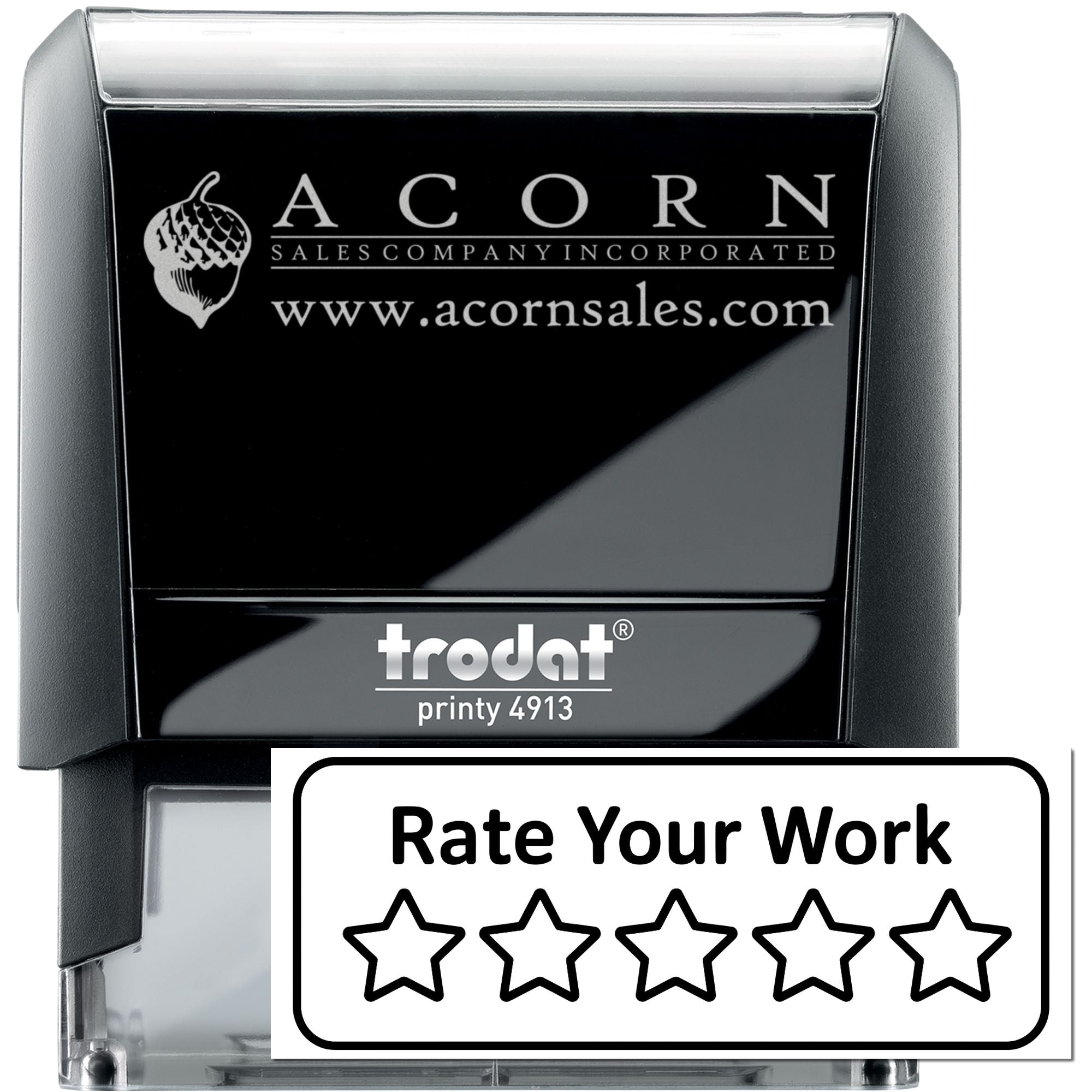 Custom self-inking rubber stamp for business branding, showing Acorn Sales Company logo and website on Trodat Printy 4913.